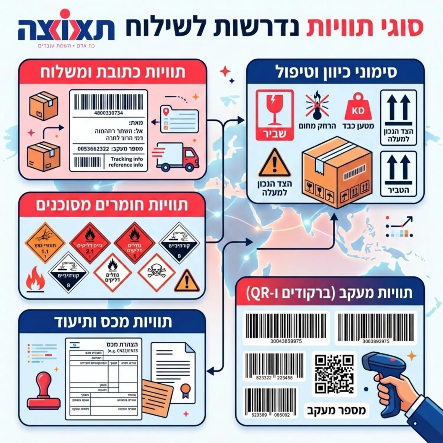 אינפוגרפיקה המפרטת את סוגי התוויות הנדרשות לשילוח בינלאומי כולל ברקודים סמלי אזהרה וסימוני כיוון בצבעים בולטים