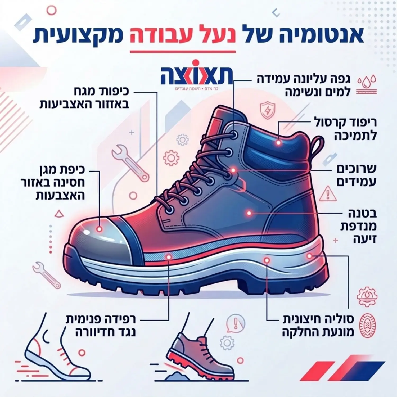 אינפוגרפיקה המציגה את האנטומיה של נעל עבודה מקצועית, כולל חתך רוחב המראה את כיפת המגן באזור האצבעות, הסוליה מונעת ההחלקה והשכבה הפנימית חסינת החדירות