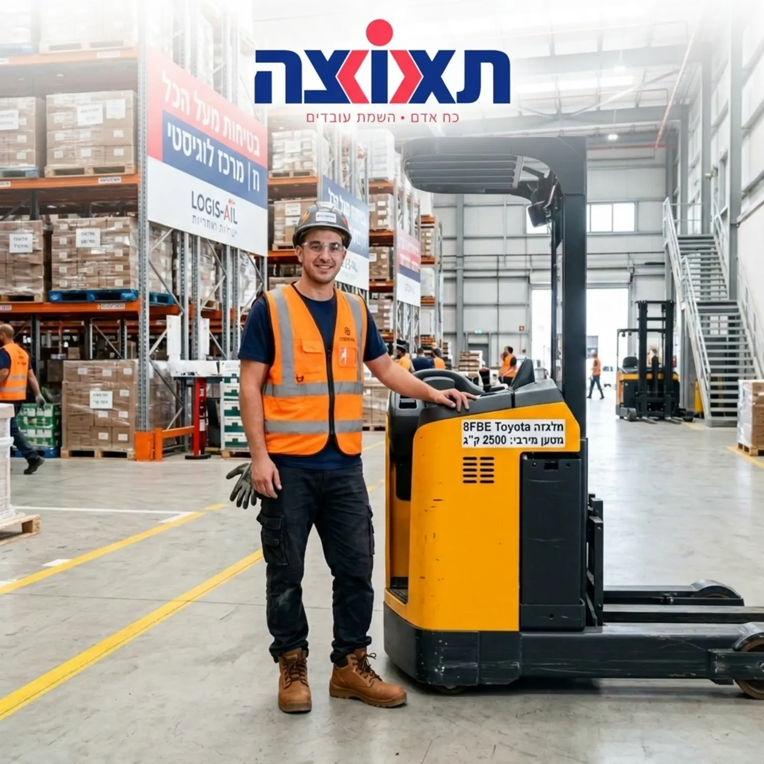 עובד מחסן לבוש באפוד זוהר, נועל נעלי עבודה מסיביות ונקיות, עומד בבטחה ליד מלגזה במרכז לוגיסטי מודרני ומואר היטב