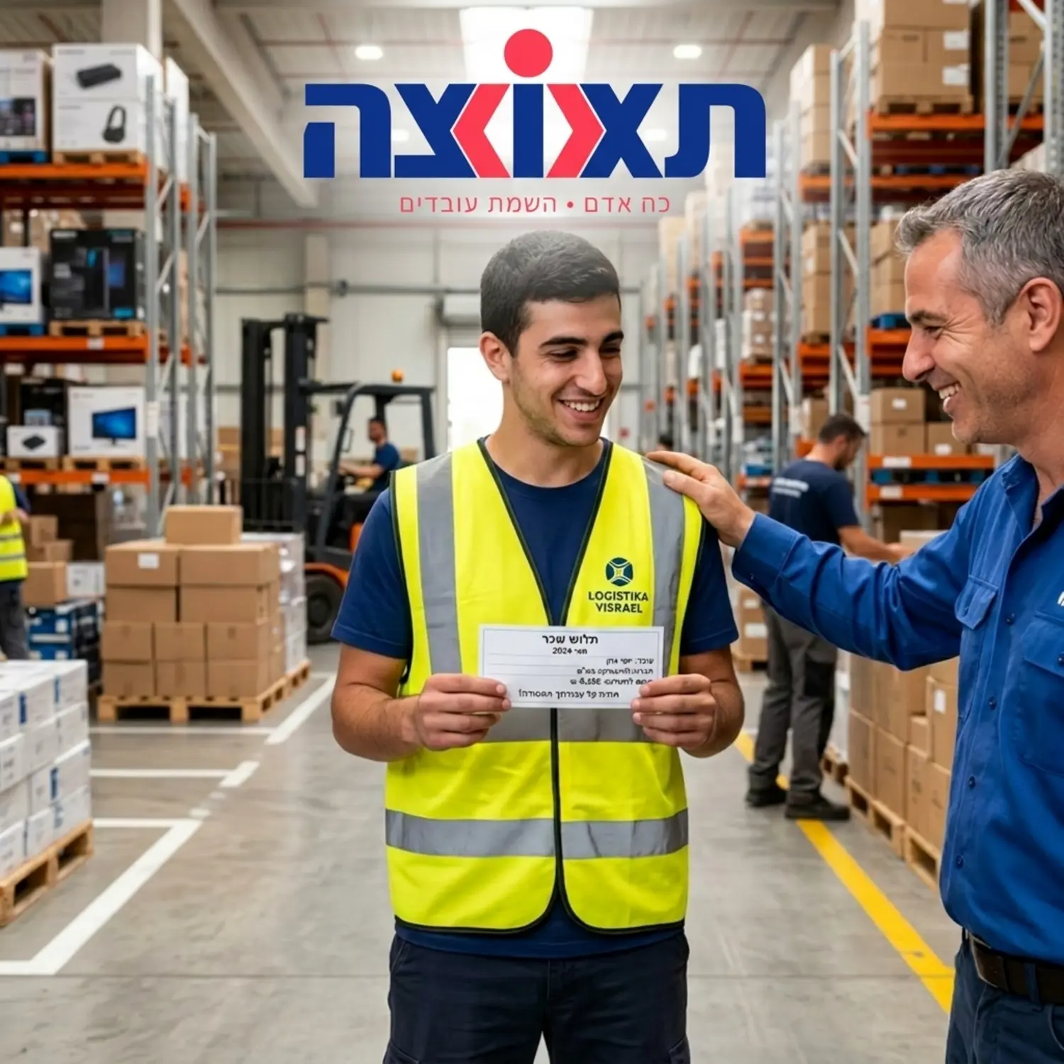 תמונה של עובד לוגיסטיקה במחסן מודרני מואר היטב, לובש אפוד זוהר, מחייך בסיפוק בעודו מחזיק תלוש שכר ומקבל טפיחת שכם הוקרה ממנהל העבודה שלו