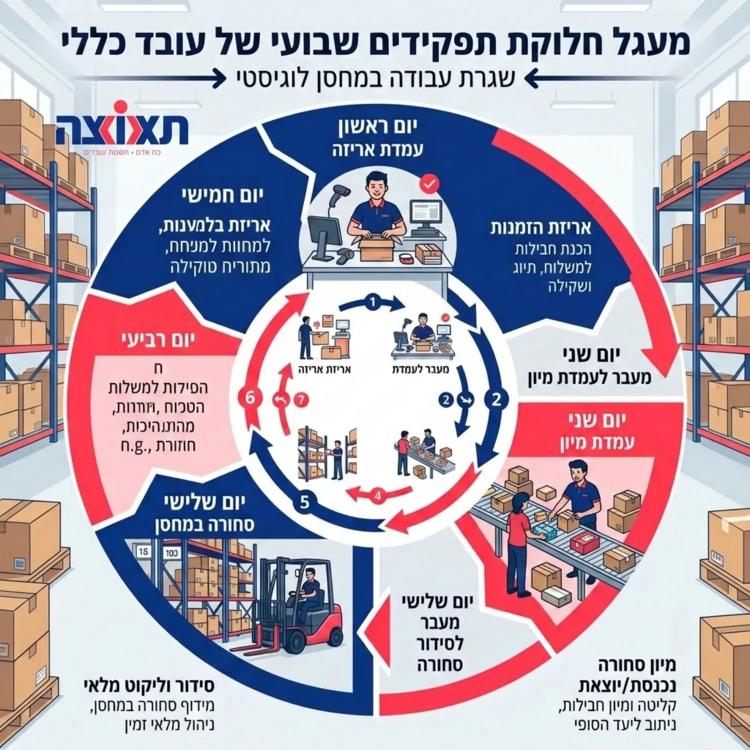 אינפוגרפיקה המציגה מעגל חלוקת תפקידים של עובד כללי במהלך שבוע עבודה, עם חצים הממחישים את המעבר מעמדת האריזה, למיון ולסידור הסחורה בתוך המחסן הלוגיסטי