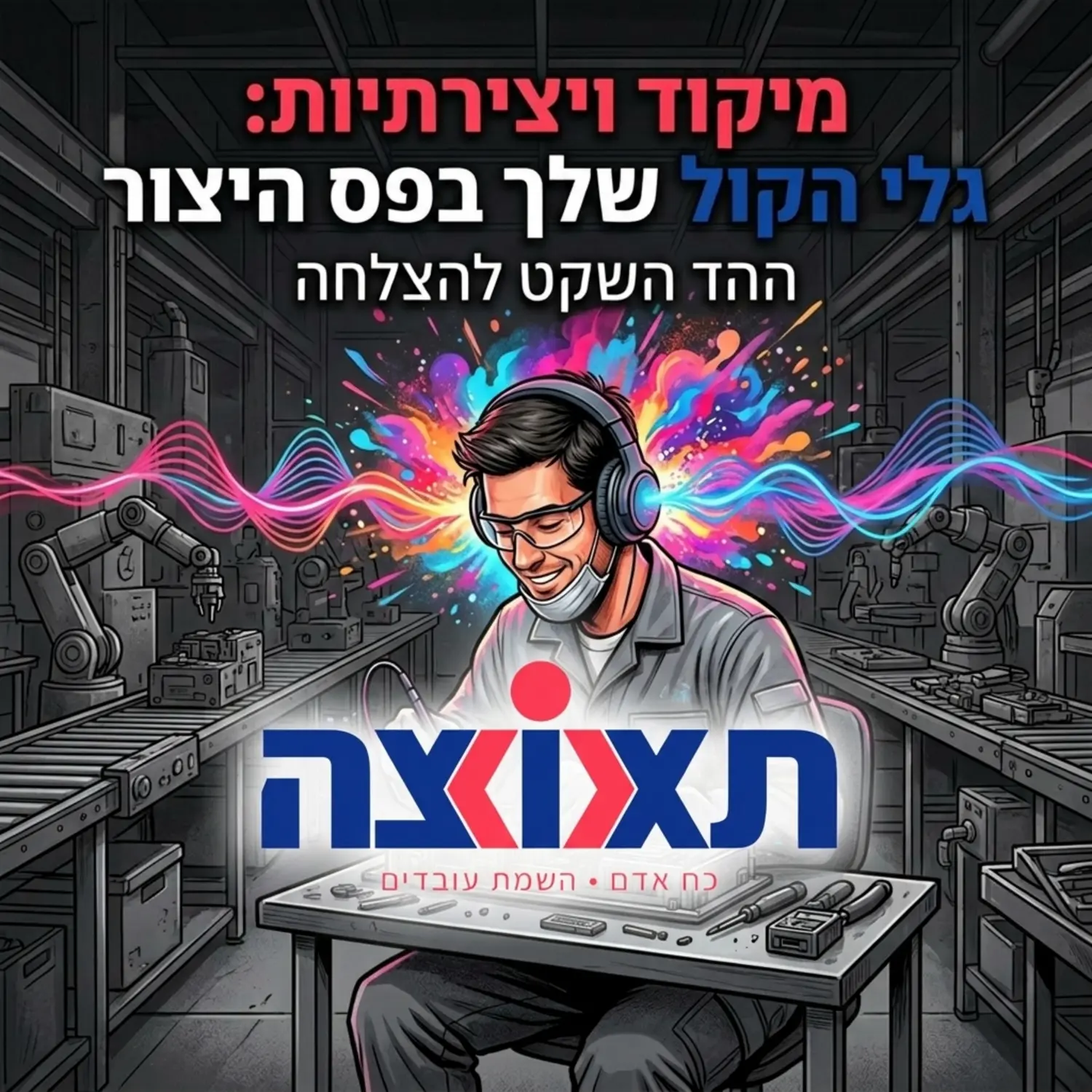 איור המדגים גלי קול צבעוניים נכנסים לאוזניות של עובד פס ייצור המרכיב מוצר, כאשר מסביבו צבעים עזים המסמלים פוקוס ויצירתיות אל מול סביבת עבודה אפורה ומונוטונית