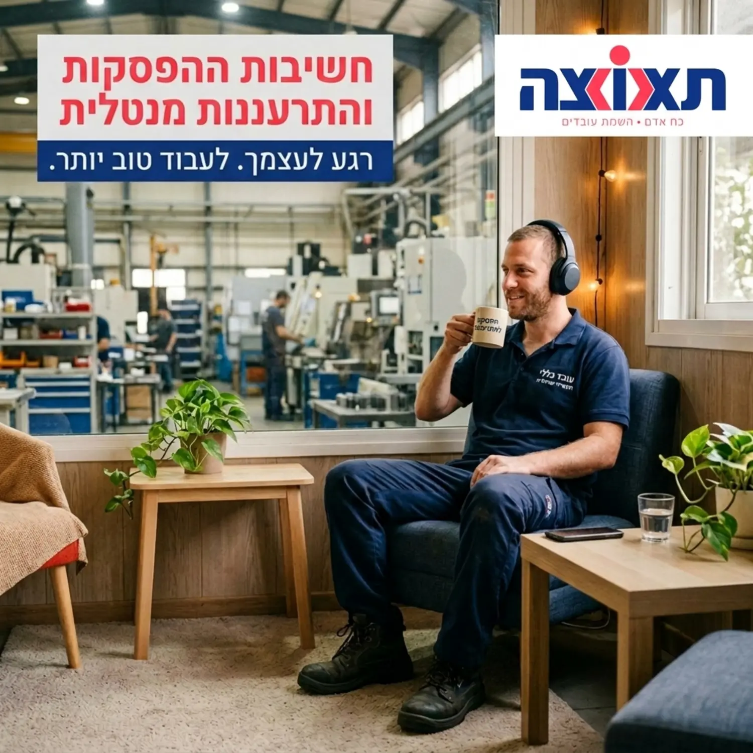 צילום איכותי של עובד כללי במדים נח בפינת ישיבה מוארת ונעימה בחלל עבודה תעשייתי, העובד שותה קפה ומרכיב אוזניות, התמונה באה להמחיש את חשיבות ההפסקות והתרעננות המנטלית