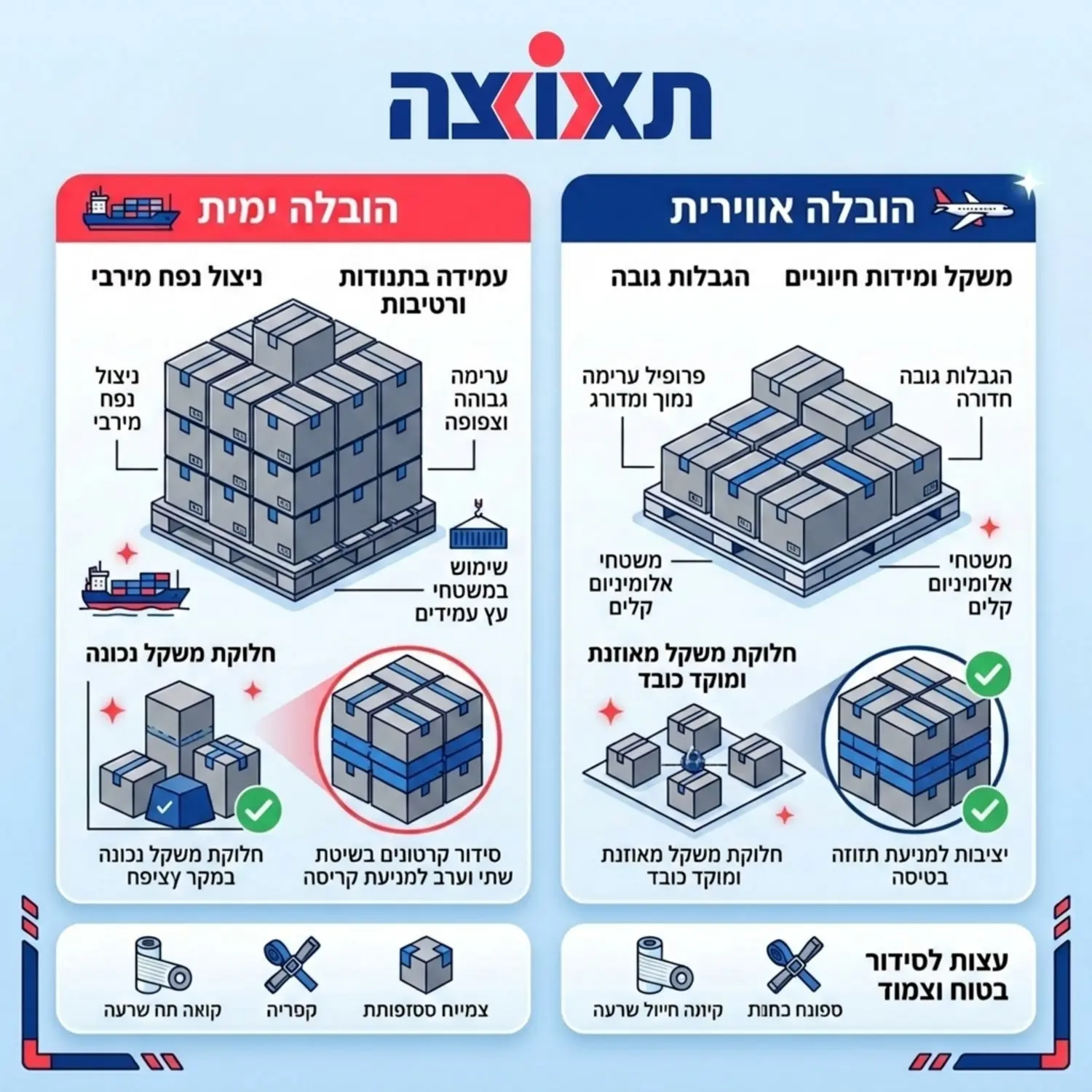 אינפוגרפיקה המציגה את ההבדלים בין סידור סחורה על משטח להובלה ימית לעומת הובלה אווירית כולל חלוקת משקל נכונה וסידור קרטונים בשיטת שתי וערב למניעת קריסה