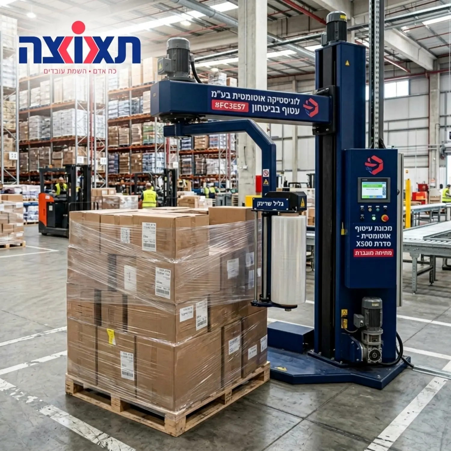 תמונה תקריב של מכונת עיטוף אוטומטית המותחת גליל שרינק שקוף על משטח עמוס בקרטונים במרכז לוגיסטי גדול ומודרני