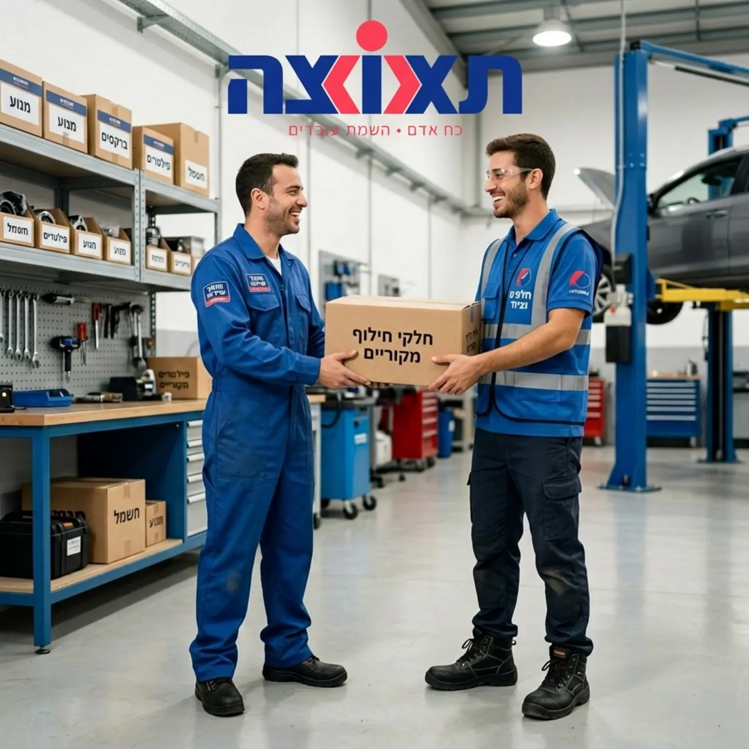 תמונה של עובד מחסן טכני מוסר קופסת חלפים למכונאי מוסך בחיוך בתוך סביבת עבודה נקייה, מוארת ומסודרת, כשהעובד חובש נעלי בטיחות ולובש אפוד מגן