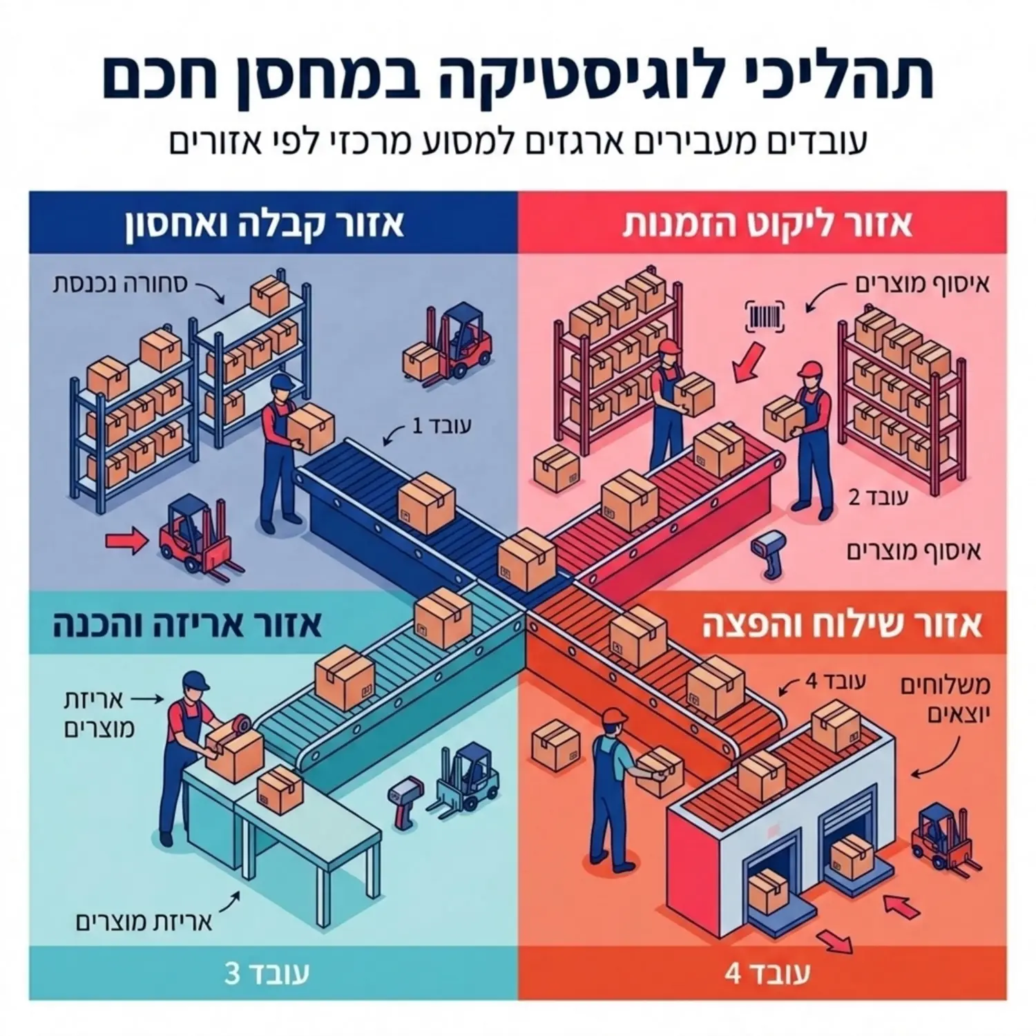 אינפוגרפיקה המציגה מחסן המחולק לאזורים צבעוניים שונים כאשר בכל אזור עומד עובד המעביר ארגזים למסוע מרכזי