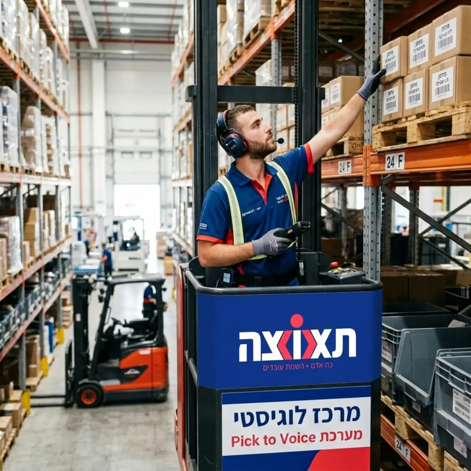 עובד לוגיסטיקה מרכיב אוזניות ייעודיות לטכנולוגיית Pick to Voice ומלקט פריטים ממדף גבוה בתוך מרכז לוגיסטי מודרני