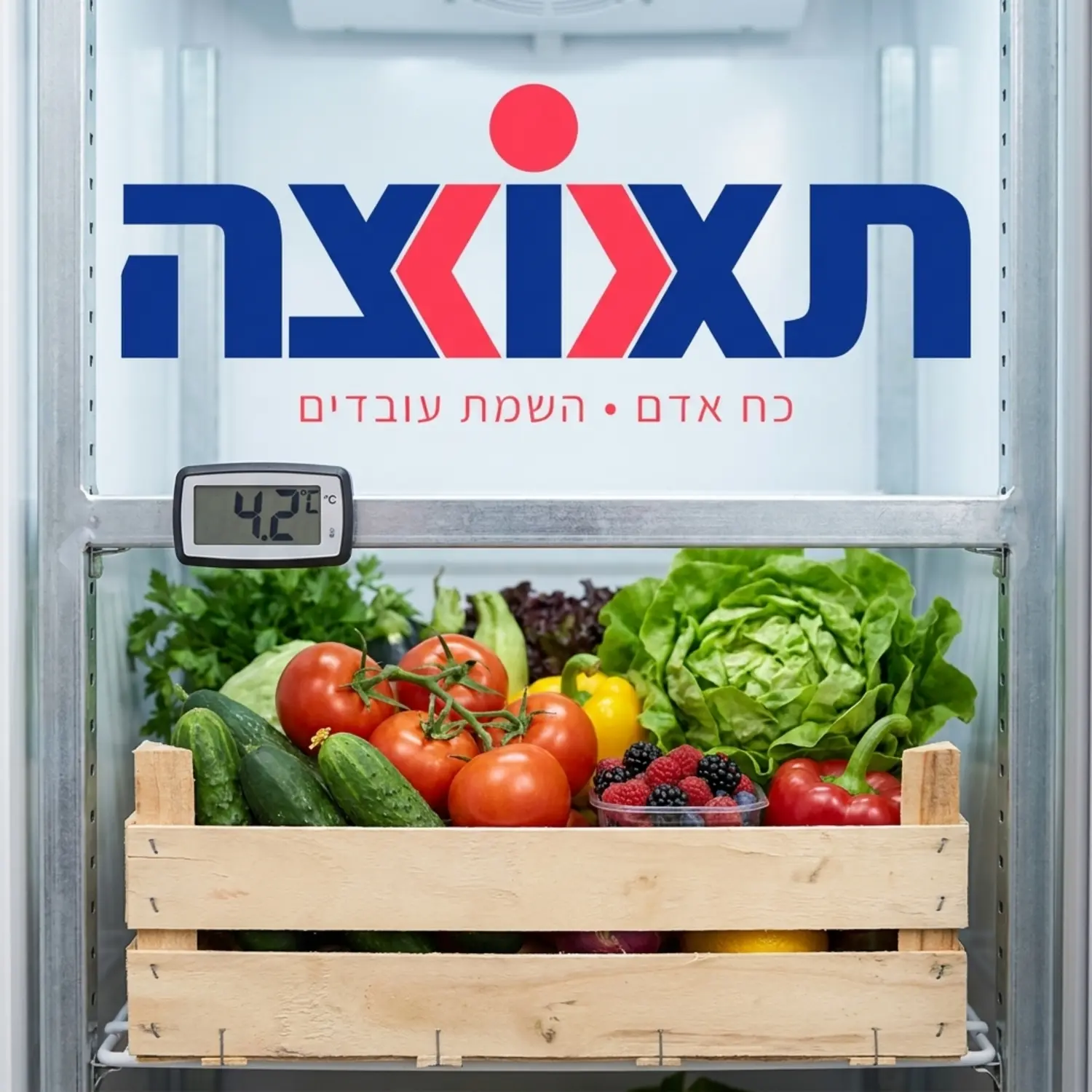 צילום תקריב של מכשיר דאטה לוגר דיגיטלי המותקן בתוך ארגז קירור עם סחורה טרייה ומציג נתוני מעלות וזמן אמת