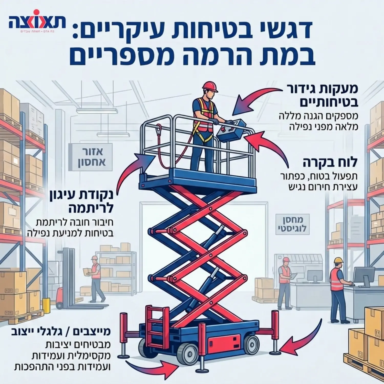 אינפוגרפיקה המציגה במת הרמה מספריים בתוך מחסן לוגיסטי, עם חצים המצביעים על נקודות הבטיחות המרכזיות כמו מעקות הגידור, לוח הבקרה, גלגלי הייצוב ונקודת העיגון לריתמה של העובד.