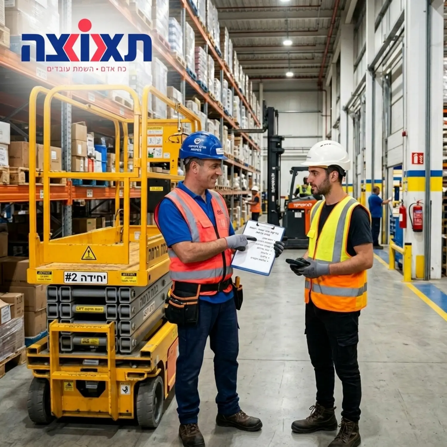 תמונה של שני עובדי מחסן מקצועיים לבושים באפודי בטיחות זוהרים וקסדות, עומדים ליד במת הרמה במעבר של מרכז לוגיסטי גדול, כאשר אחד מהם מצביע על רשימת תיוג בלוח כתיבה כדי לסמל בדיקת ציוד יומית.
