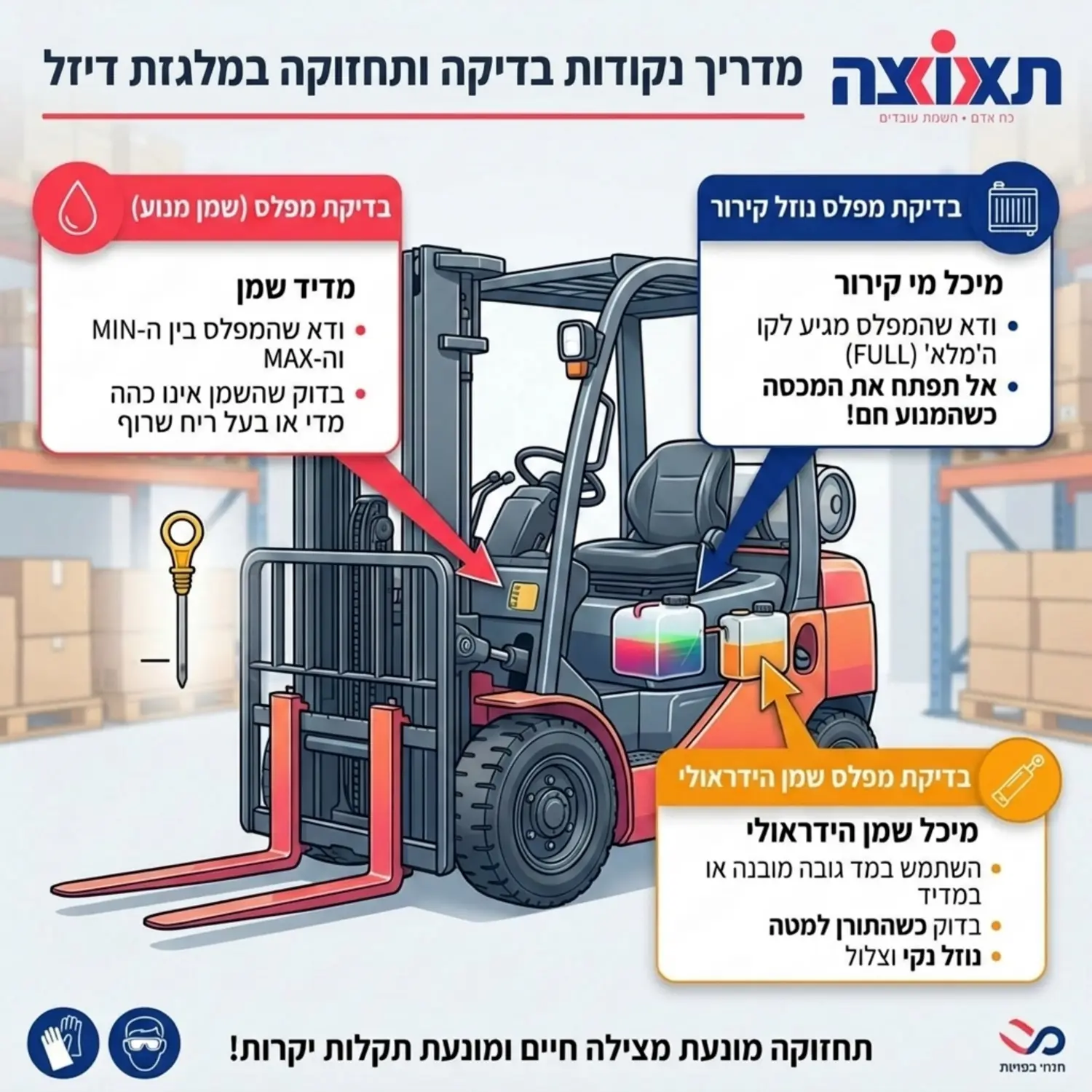 אינפוגרפיקה המציגה את מיקומי מדיד השמן מיכל מי הקירור ומיכל השמן ההידראולי במלגזת דיזל סטנדרטית עם חיצים המצביעים על המקומות הנכונים לבדיקה ותיאור צבעים המבדיל בין המערכות השונות