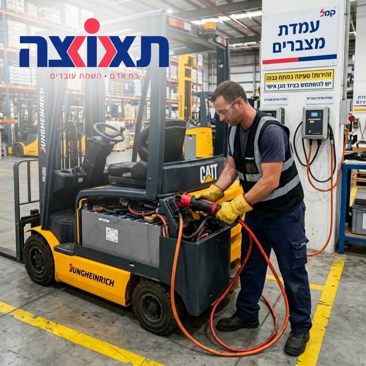 תמונה של עמדת הטענת מצברים למלגזות חשמליות במחסן לוגיסטי גדול כאשר מפעיל העוטה כפפות מגן עבות ומשקפי בטיחות בודק את תקינות הכבלים ומחבר את שקע הטעינה למצבר העצום המותקן בכלי