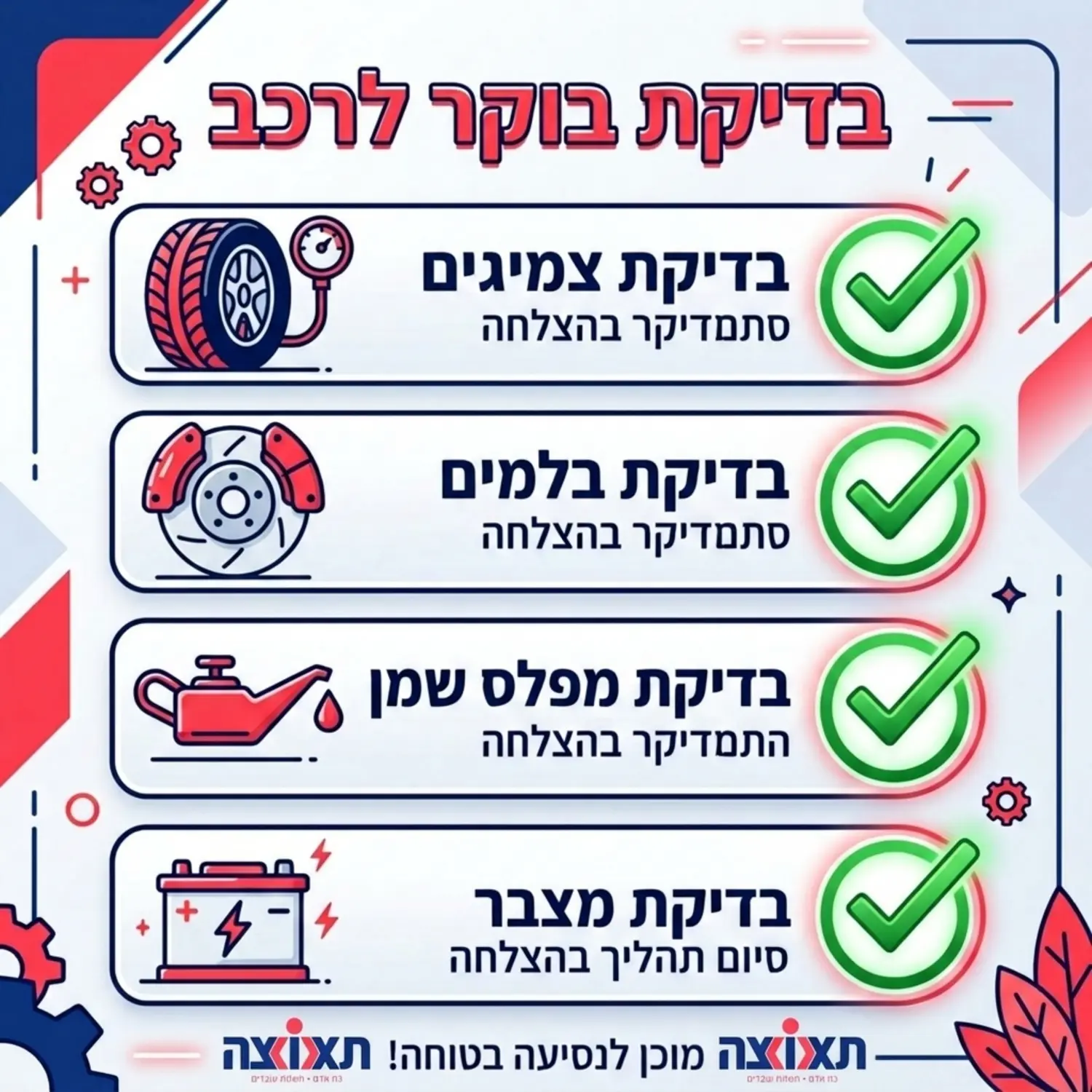אינפוגרפיקה בצורת רשימת תיוג לבדיקת בוקר המציגה אייקונים מעוצבים של צמיגים בלמים טיפת שמן ומצבר עם וי ירוק מודגש ליד כל אחד מהם המדגיש את סיום תהליך הבדיקה בהצלחה