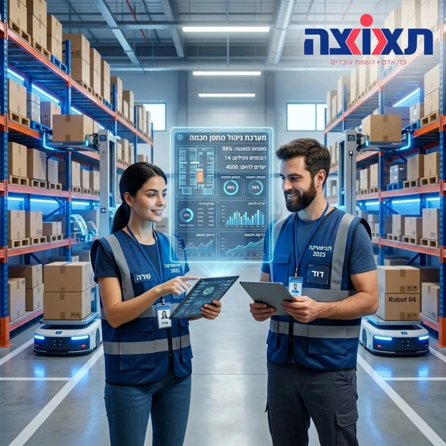 תמונה של מחסן לוגיסטי מודרני ועתידני משנת 2025, בו נראים עובד ועובדת חובשים אפודי בטיחות נקיים, מחזיקים טאבלטים ומפעילים מערכות מחשוב חכמות המוקרנות על מסכים שקופים, כשברקע רובוטים אוטונומיים קטנים ומוארים באור כחלחל מסייעים בליקוט קופסאות קרטון מהמדפים בסביבת עבודה בהירה וסטרילית
