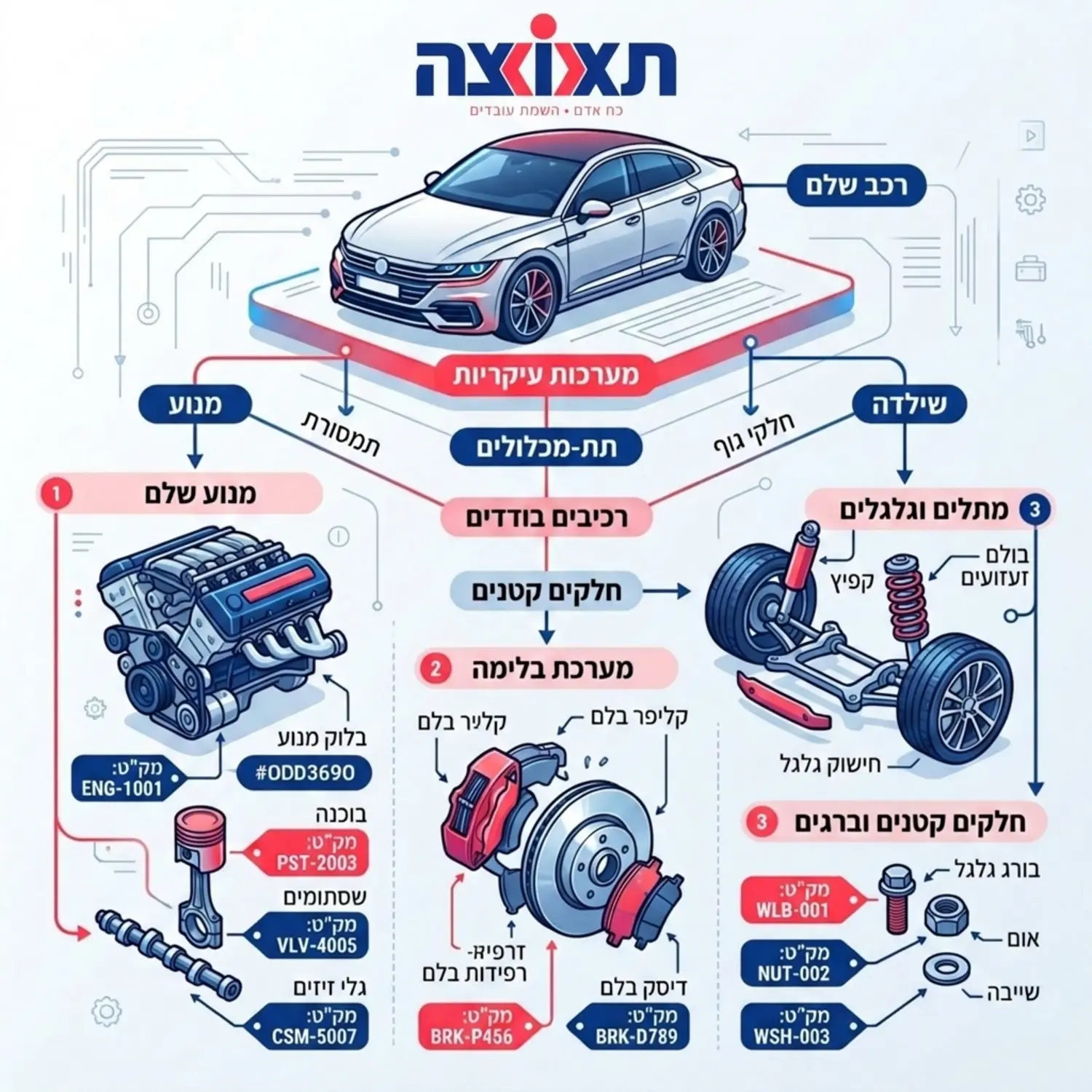 אינפוגרפיקה המציגה את מבנה קטלוג חלקי החילוף ברכב מודרני מבורג קטן ועד למנוע שלם בצורה מפורקת עם חיצים המצביעים על מק