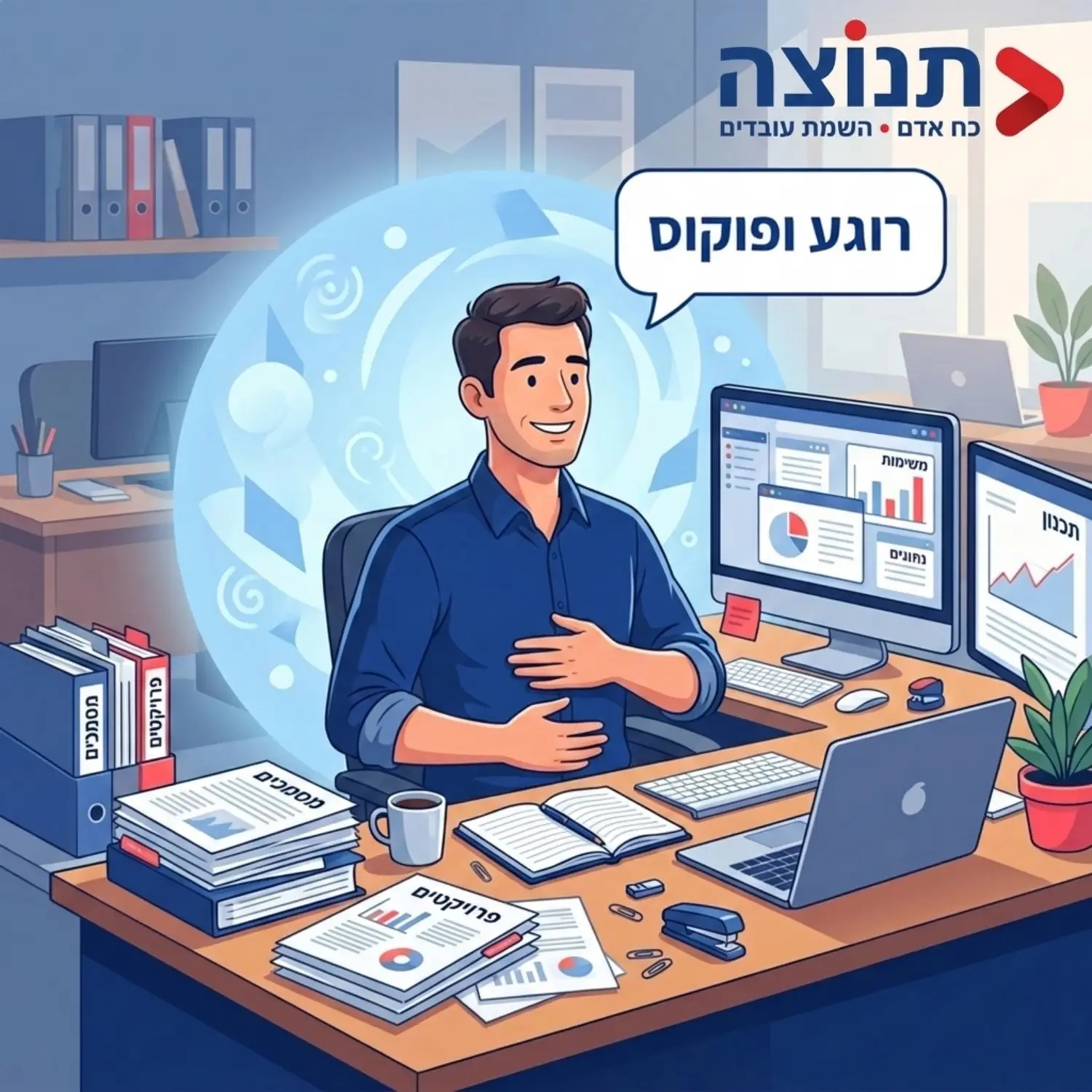איור של עובד שיושב ליד שולחן עבודה עמוס במסמכים ובמסכים אבל הוא נראה רגוע לחלוטין ועושה תרגיל נשימה עמוקה כשסביבו יש הילה כחולה של רוגע ופוקוס