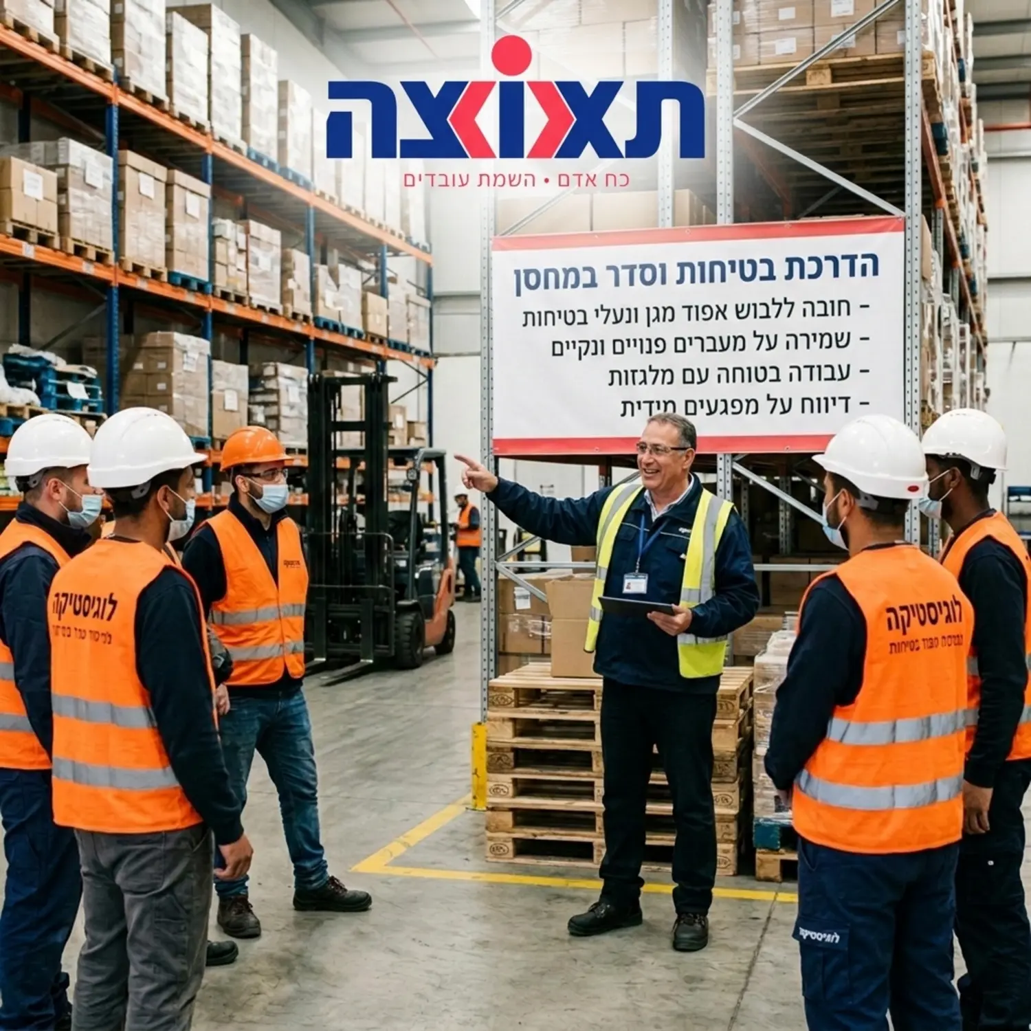 תמונה של מנהל עבודה במחסן מעביר הדרכת בטיחות וסדר לקבוצת עובדי לוגיסטיקה הלובשים אפודי מגן