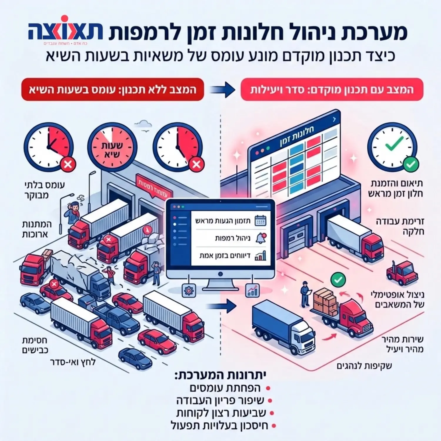 אינפוגרפיקה המציגה מערכת לניהול חלונות זמן לרמפות העמסה המראה כיצד תכנון מוקדם מונע עומס של משאיות בשעות השיא