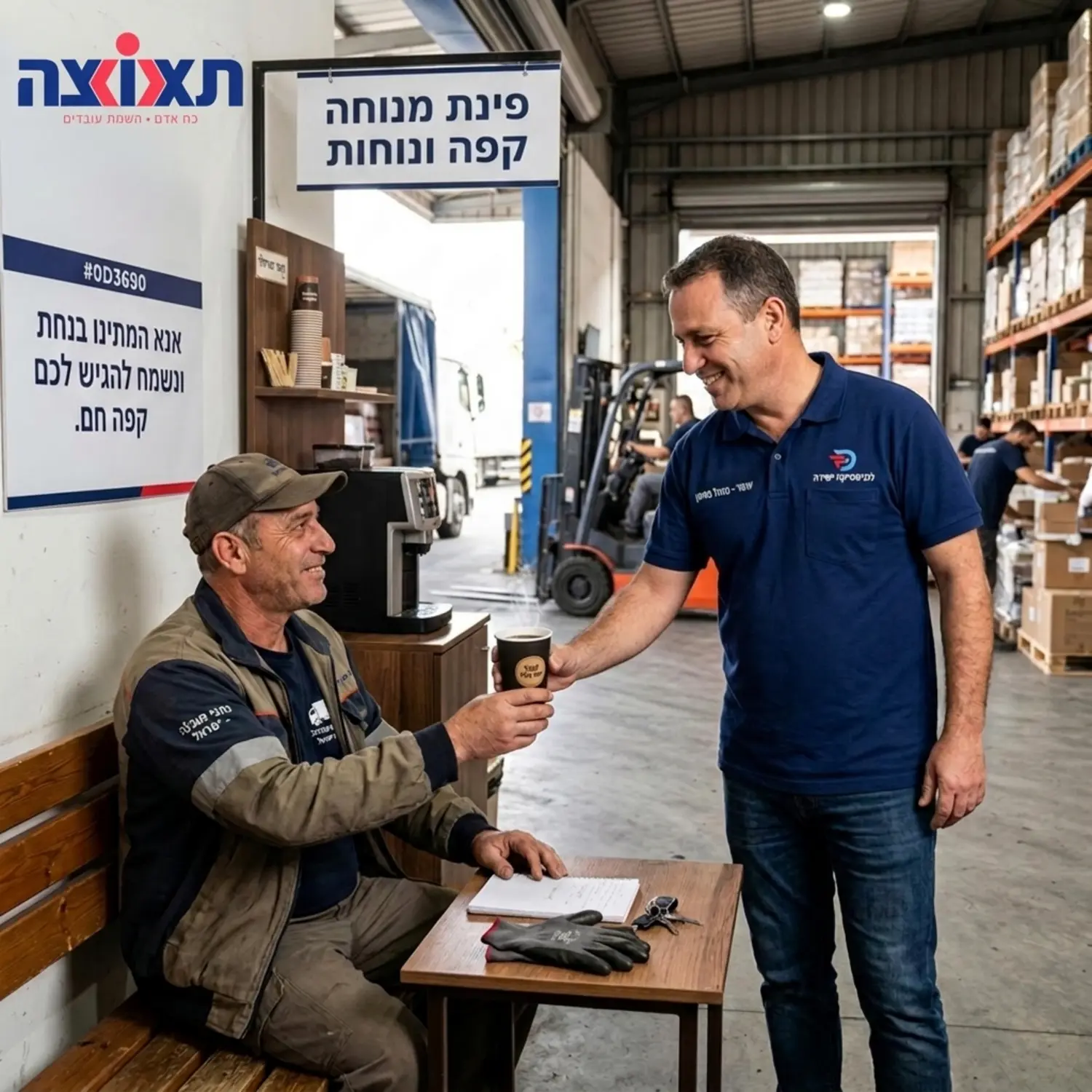 צילום איכותי המראה מנהל מחסן מגיש כוס קפה לנהג משאית באזור פינת ההמתנה תוך כדי חיוך ושיח מכבד