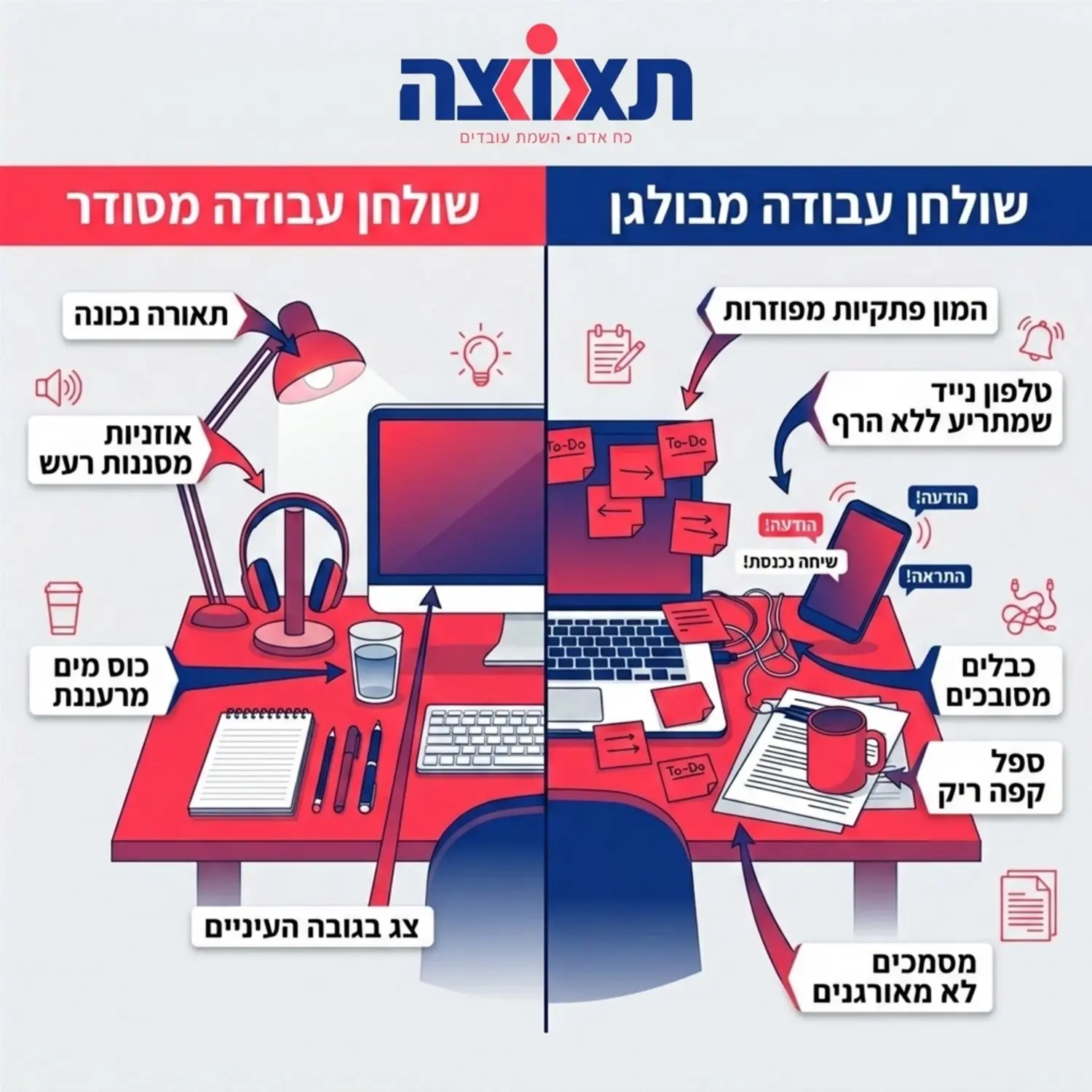 אינפוגרפיקה המראה שולחן עבודה מסודר לעומת שולחן עבודה מבולגן עם חיצים המצביעים על אלמנטים שעוזרים לריכוז כמו תאורה נכונה אוזניות וכוס מים לעומת אלמנטים מפריעים כמו המון פתקיות מפוזרות וטלפון נייד שמתריע ללא הרף