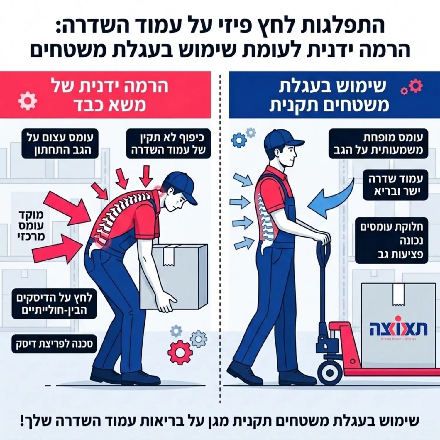 אינפוגרפיקה המציגה את התפלגות הלחץ הפיזי על עמוד השדרה של עובד מחסן בעת הרמת משא כבד באופן ידני לעומת שימוש בעגלת משטחים תקנית, עם חיצים צבעוניים המדגישים את מוקדי העומס