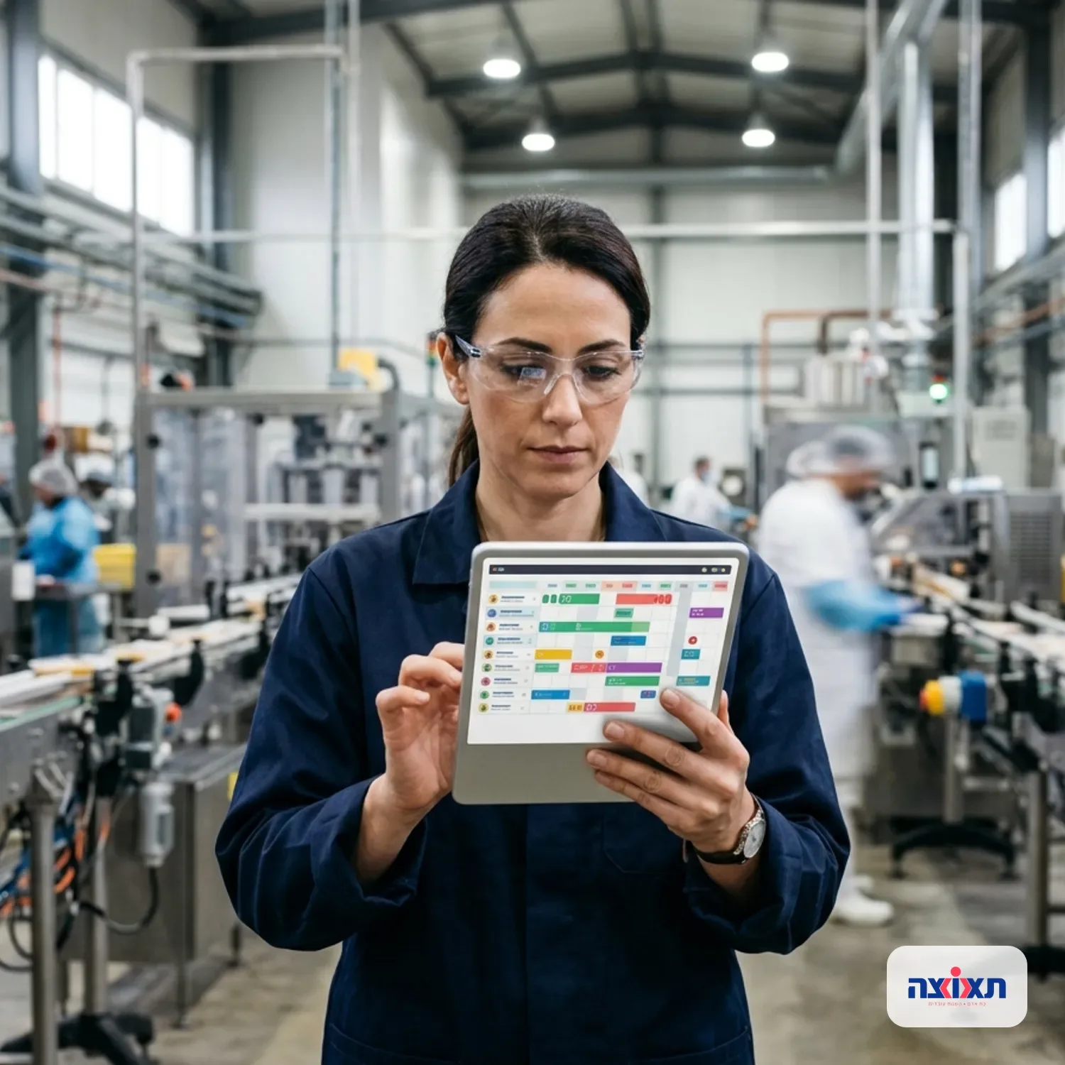 צילום איכותי של לוח תכנון משמרות דיגיטלי מוצג על טאבלט המוחזק בידיו של מנהל עבודה, רקע של פס ייצור פעיל ומטושטש מעט, תאורת מפעליות בוהקת וברורה