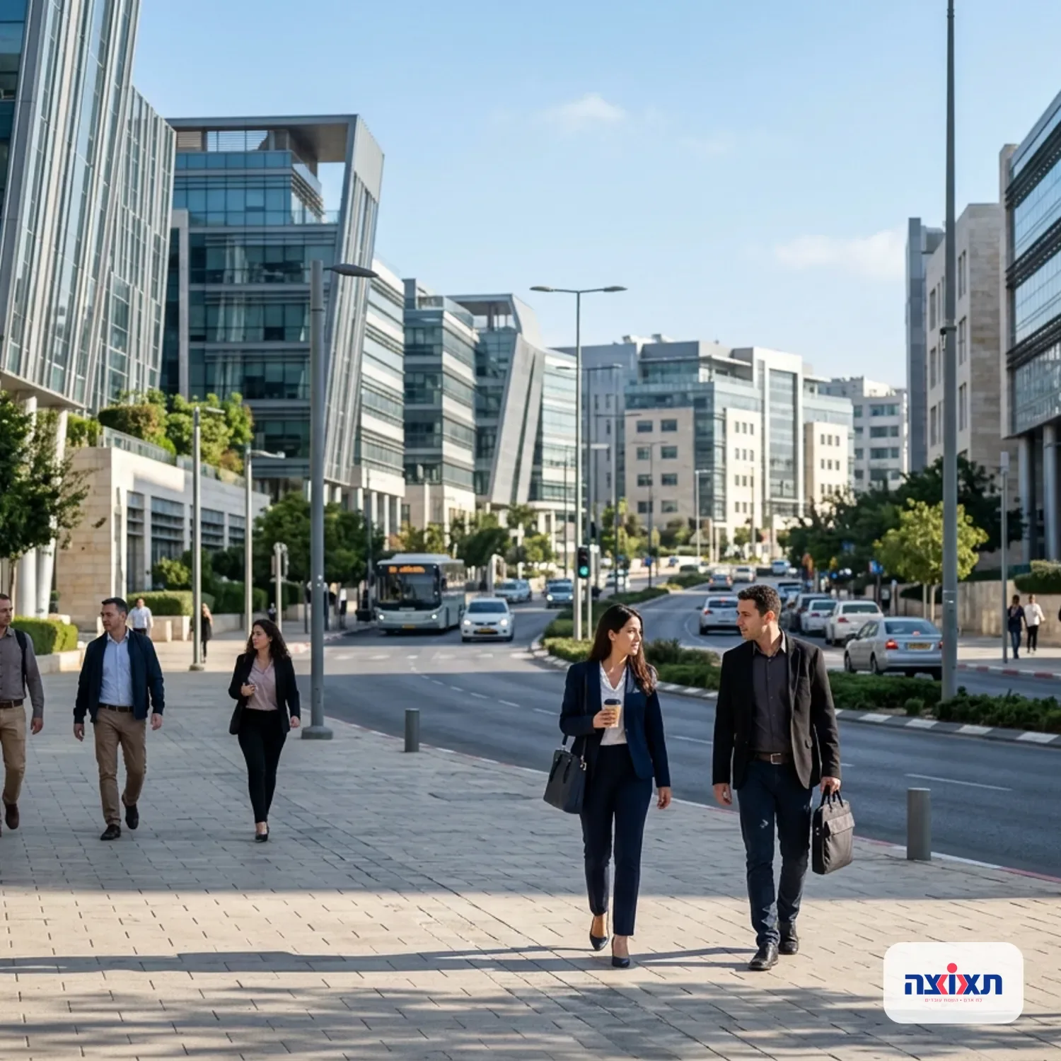 צילום ריאליסטי של רחוב מודרני באזור התעשייה הר חוצבים בירושלים, בנייני הייטק ותעשייה מתקדמת משולבים, עובדים הולכים על המדרכה בבוקר בהיר, תאורה טבעית חדה