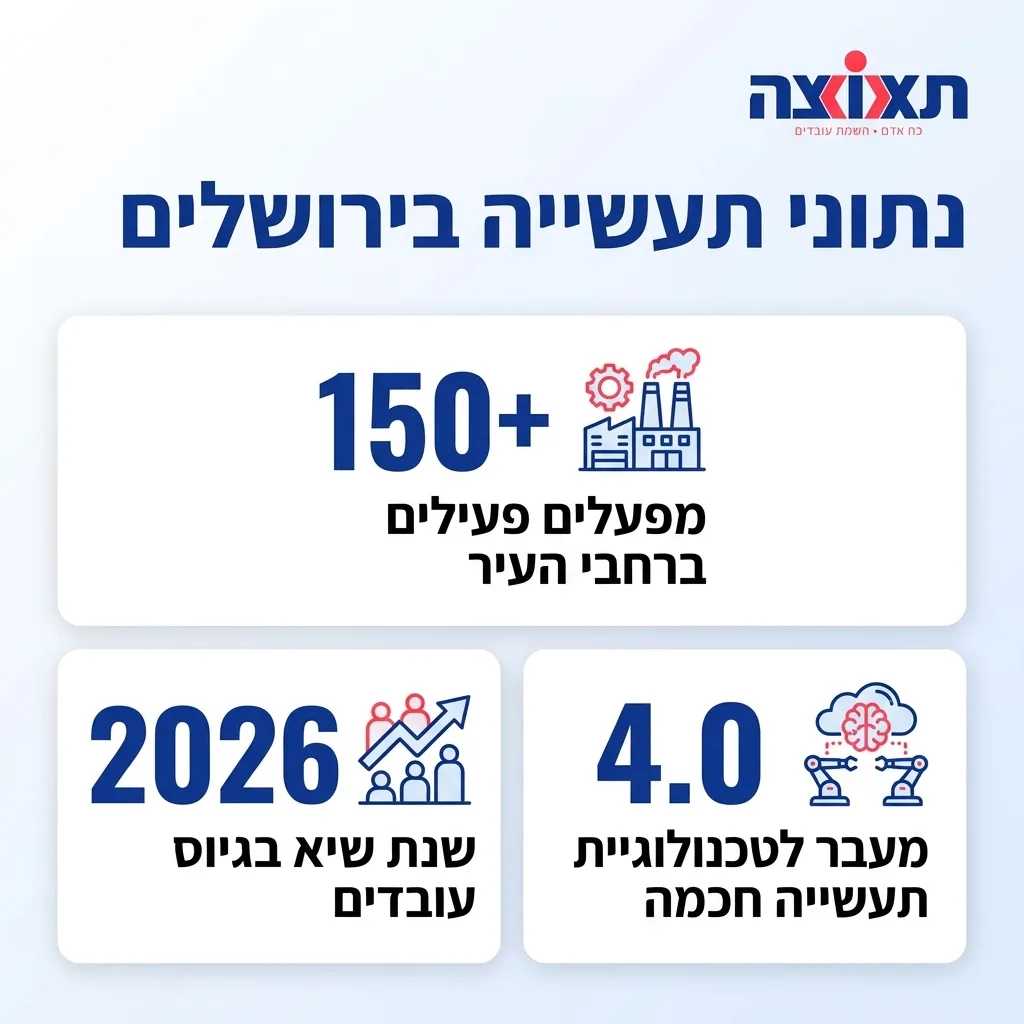 אינפוגרפיקה — נתוני תעשייה בירושלים: מפעלים פעילים ברחבי העיר, שנת שיא בגיוס עובדים, מעבר לטכנולוגיית תעשייה חכמה