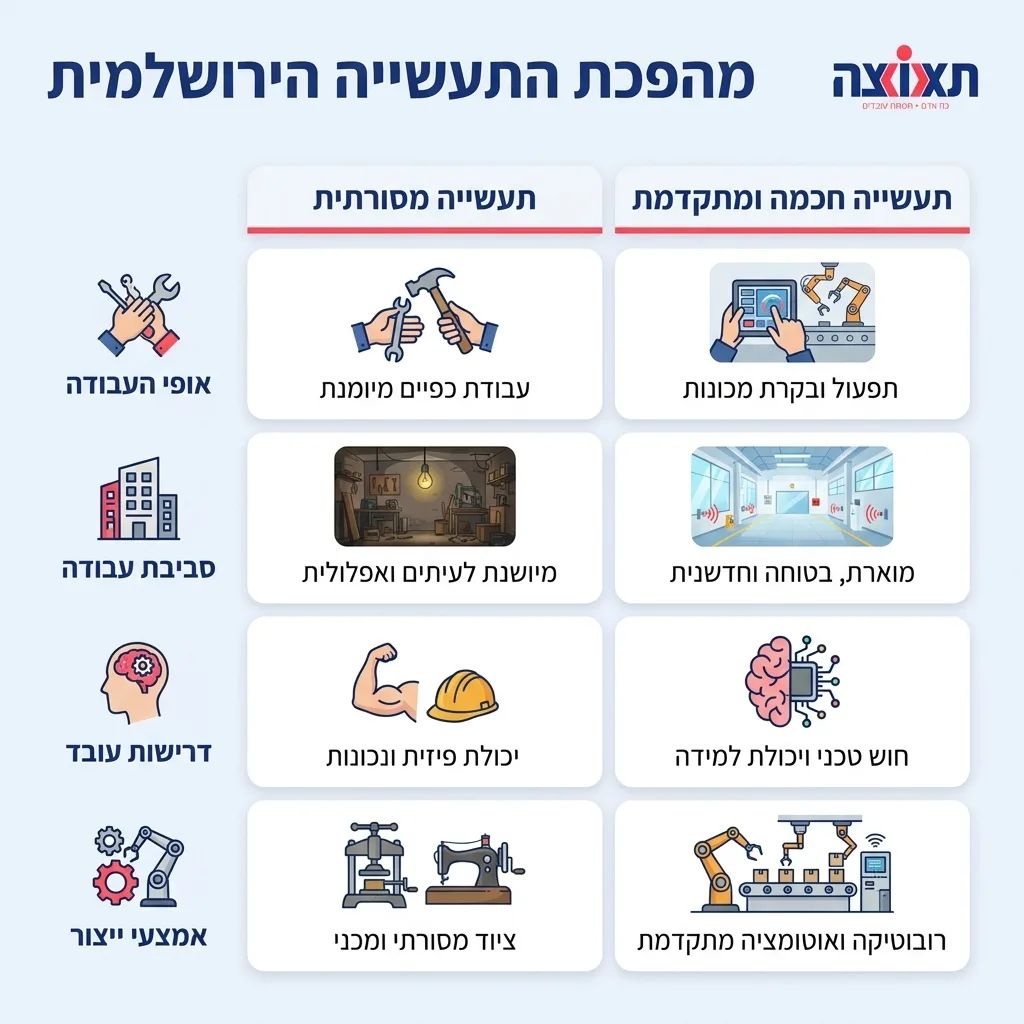 אינפוגרפיקה — מהפכת התעשייה הירושלמית: השוואה בין תעשייה מסורתית, תעשייה חכמה ומתקדמת