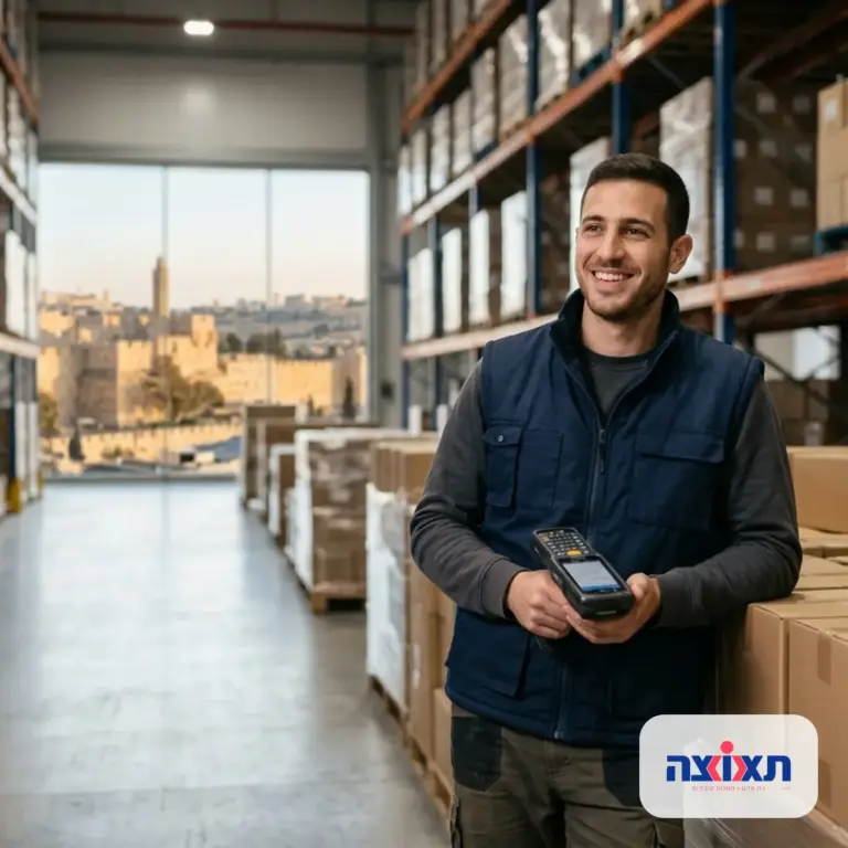 עובד מחסן שמח במרכז לוגיסטי מודרני, עם אלמנטים ירושלמיים עדינים ברקע.