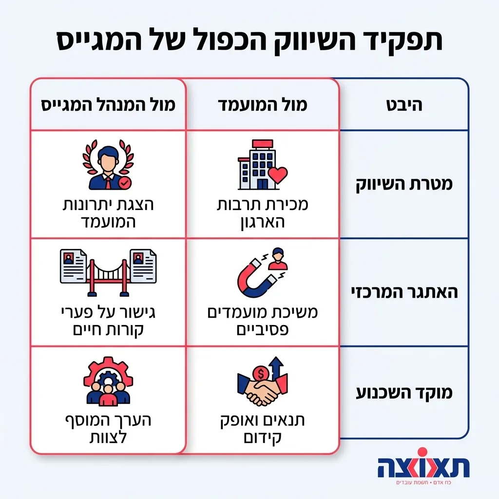 אינפוגרפיקה — תפקיד השיווק הכפול של המגייס: השוואה בין מול המועמד, מול המנהל המגייס