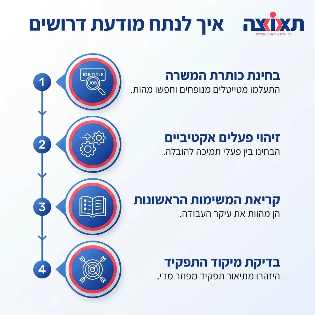אינפוגרפיקה — איך לנתח מודעת דרושים: בחינת כותרת המשרה, זיהוי פעלים אקטיביים, קריאת המשימות הראשונות, בדיקת מיקוד התפקיד