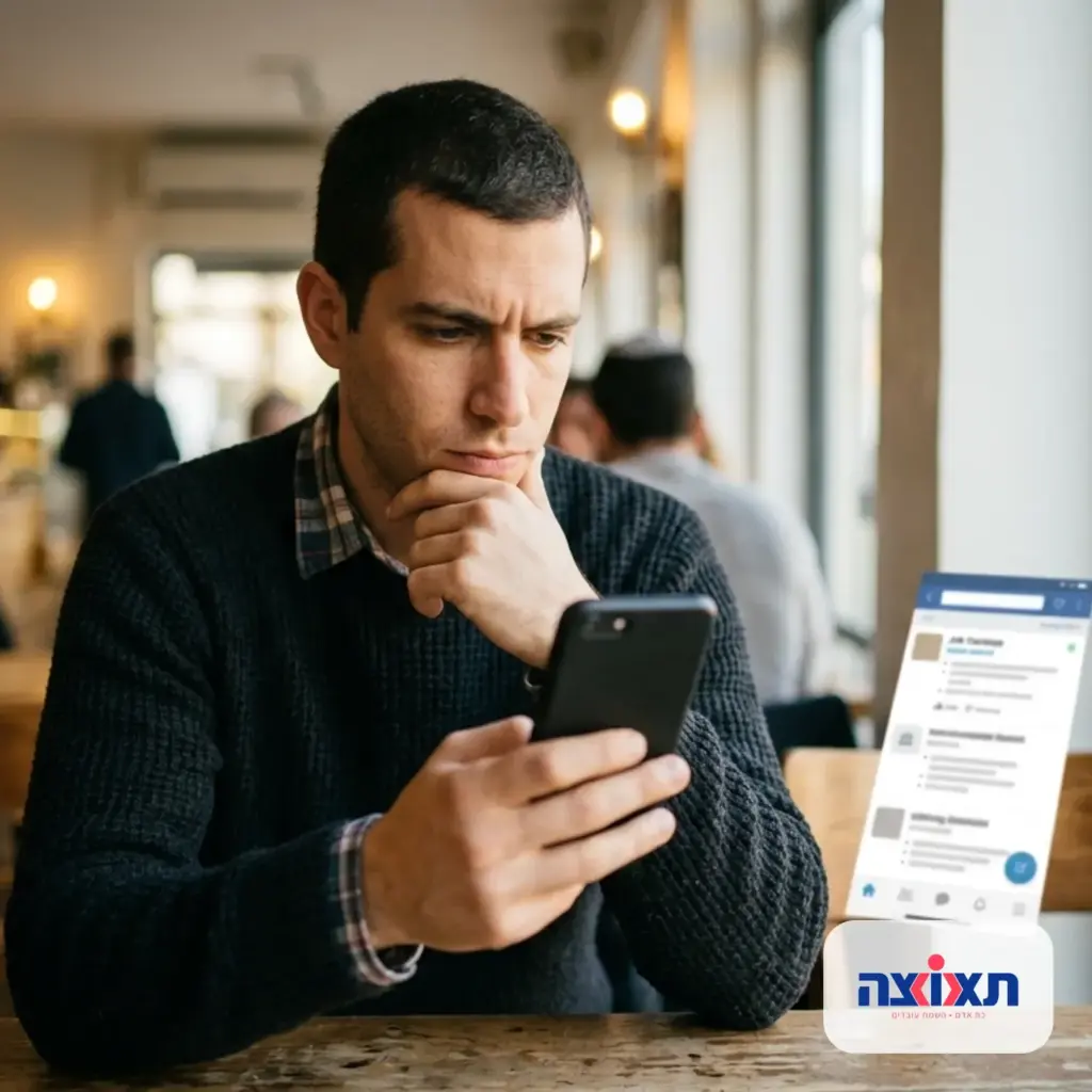 אדם קורא בטלפון הנייד מודעות דרושים במבט בוחן וחכם.