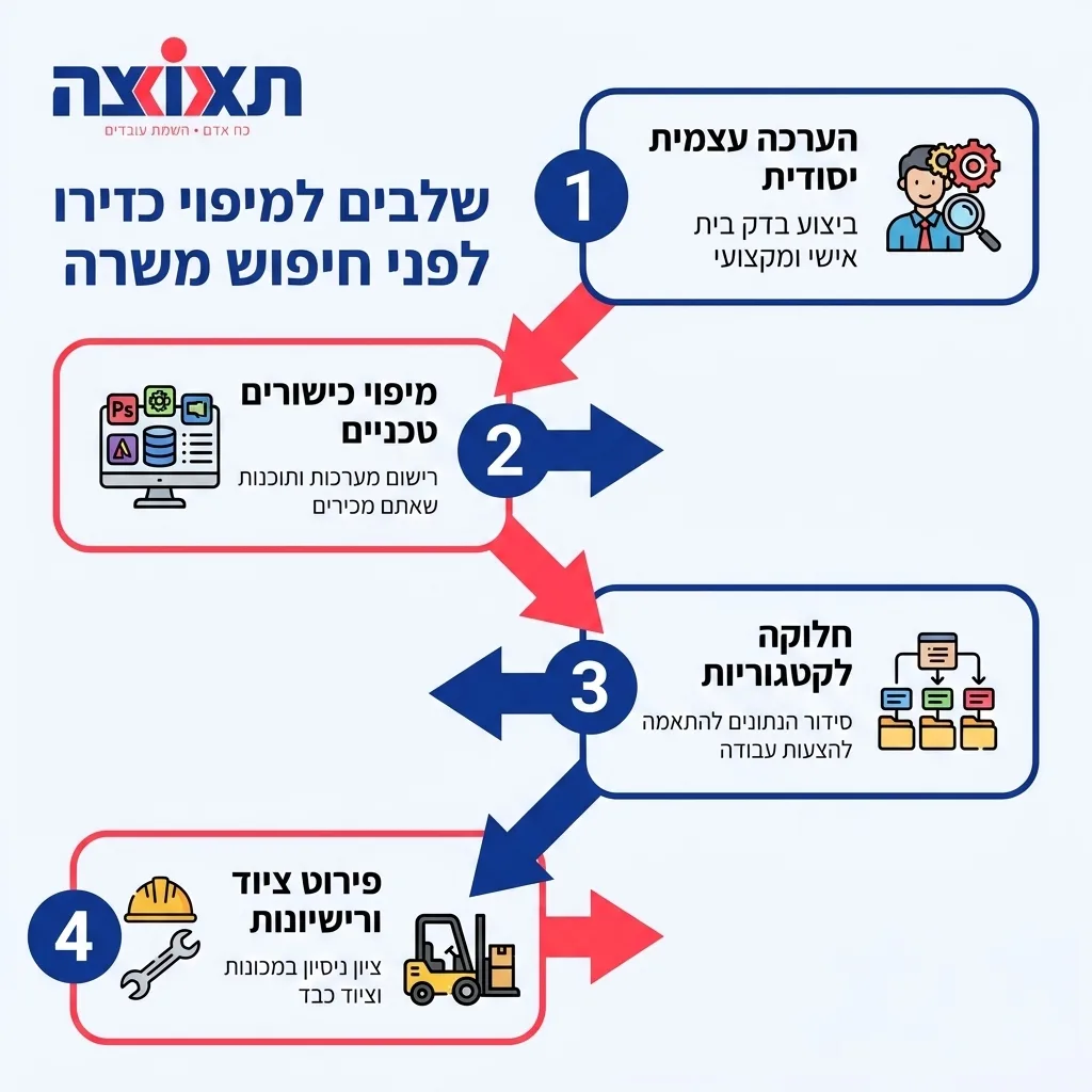 אינפוגרפיקה — שלבים למיפוי כישורים לפני חיפוש משרה: הערכה עצמית יסודית, מיפוי כישורים טכניים, חלוקה לקטגוריות, פירוט ציוד ורי