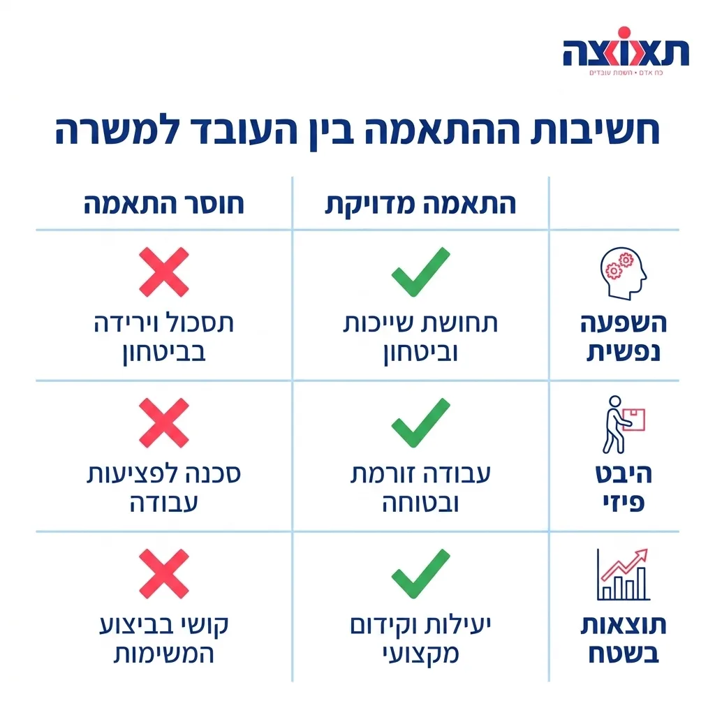 אינפוגרפיקה — חשיבות ההתאמה בין העובד למשרה: השוואה בין התאמה מדויקת, חוסר התאמה