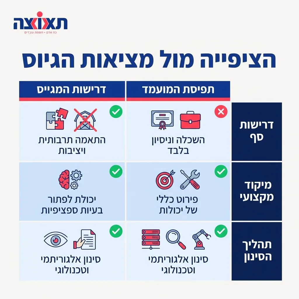 אינפוגרפיקה — הציפייה מול מציאות הגיוס: השוואה בין תפיסת המועמד, דרישות המגייס