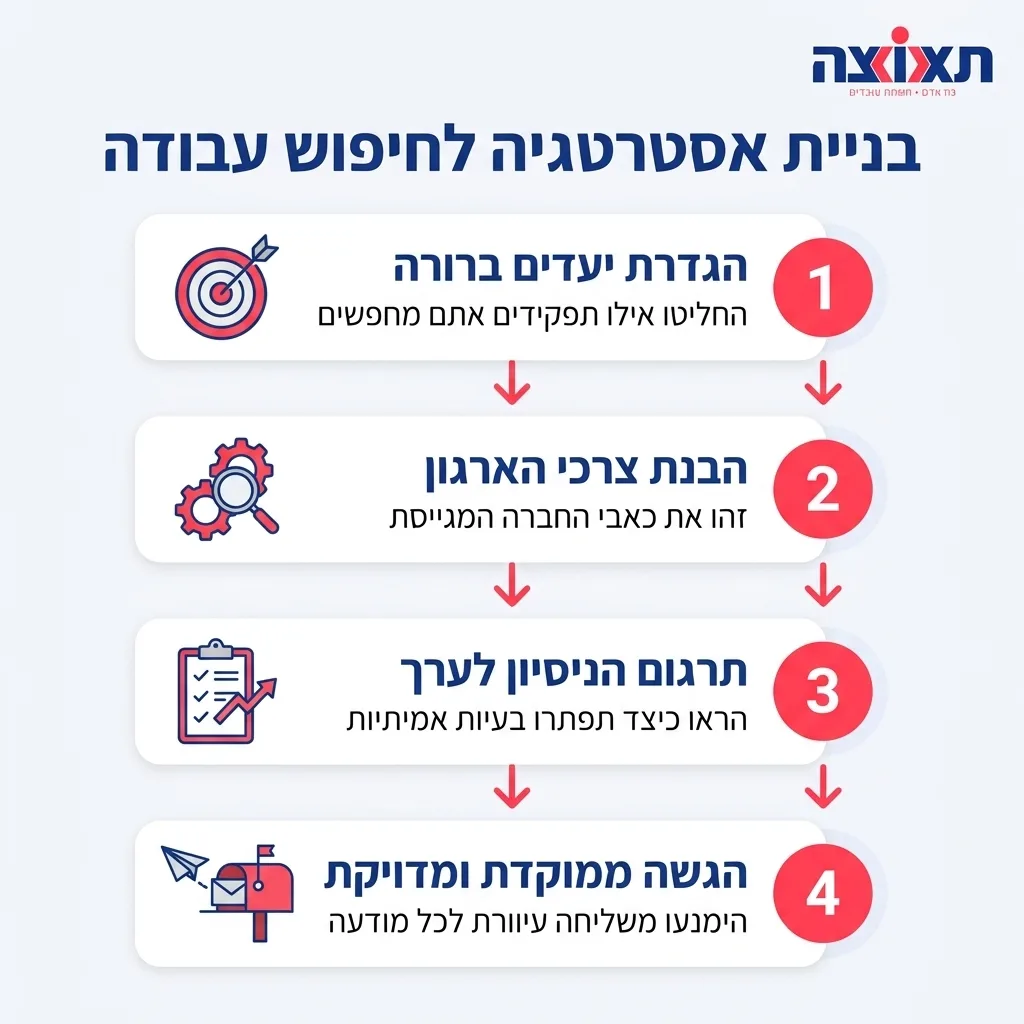 אינפוגרפיקה — בניית אסטרטגיה לחיפוש עבודה: הגדרת יעדים ברורה, הבנת צרכי הארגון, תרגום הניסיון לערך, הגשה ממוקדת ומדויקת