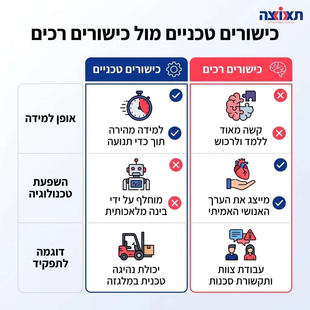 אינפוגרפיקה — כישורים טכניים מול כישורים רכים: השוואה בין כישורים טכניים, כישורים רכים