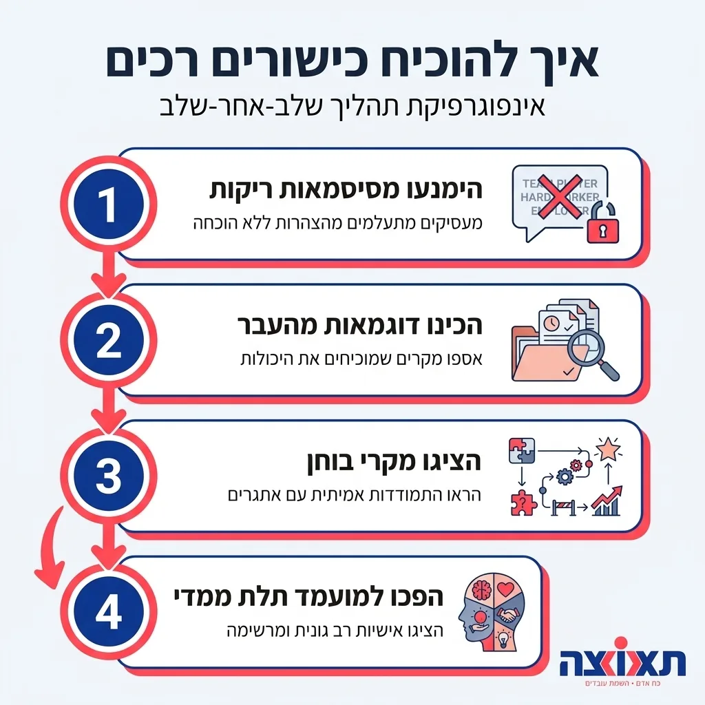 אינפוגרפיקה — איך להוכיח כישורים רכים: הימנעו מסיסמאות ריקות, הכינו דוגמאות מהעבר, הציגו מקרי בוחן, הפכו למועמד תלת ממדי