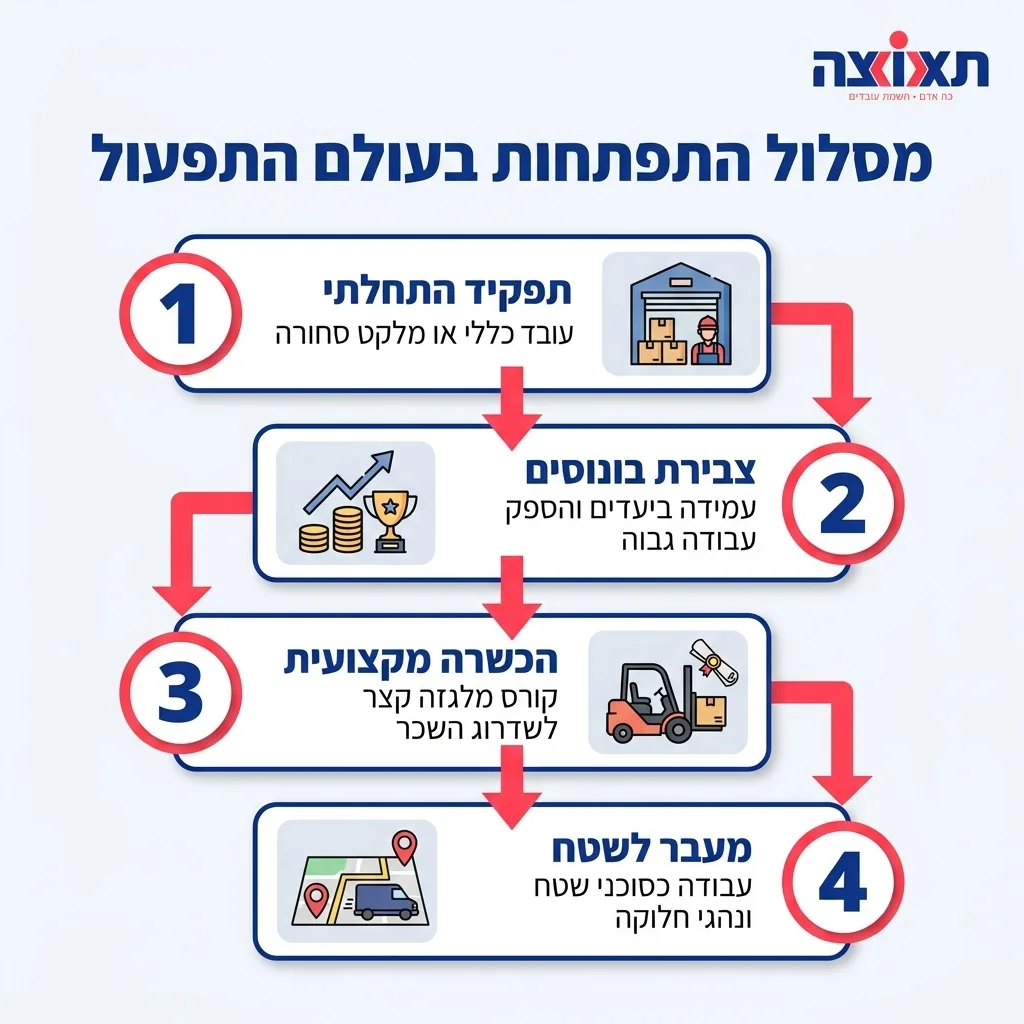 אינפוגרפיקה — מסלול התפתחות בעולם התפעול: תפקיד התחלתי, צבירת בונוסים, הכשרה מקצועית, מעבר לשטח