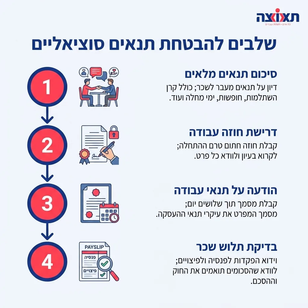 אינפוגרפיקה — שלבים להבטחת תנאים סוציאליים: סיכום תנאים מלאים, דרישת חוזה עבודה, הודעה על תנאי עבודה, בדיקת תלוש שכר