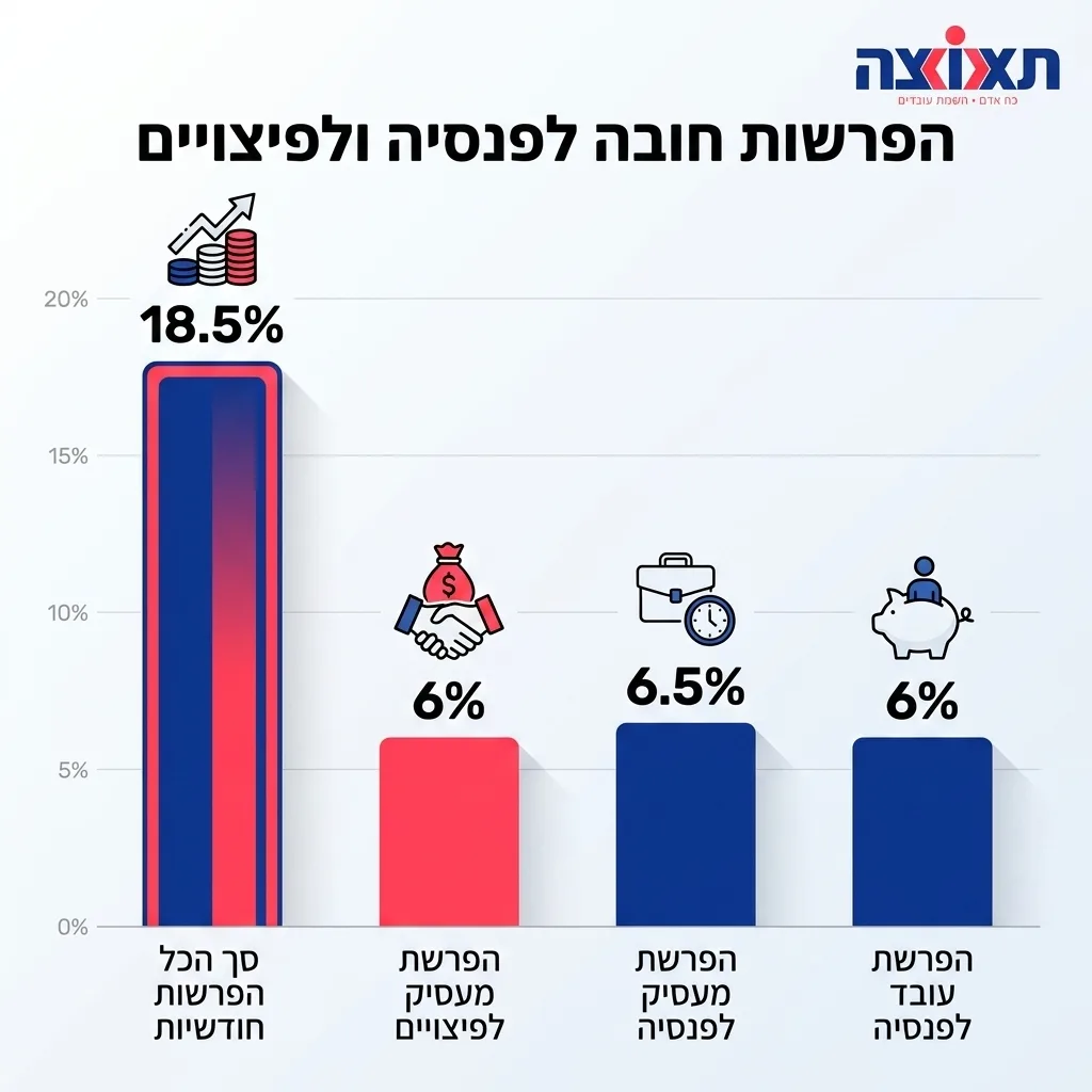 אינפוגרפיקה — הפרשות חובה לפנסיה ולפיצויים: הפרשת עובד לפנסיה, הפרשת מעסיק לפנסיה, הפרשת מעסיק לפיצויים, סך הכל הפרשות חודשיו