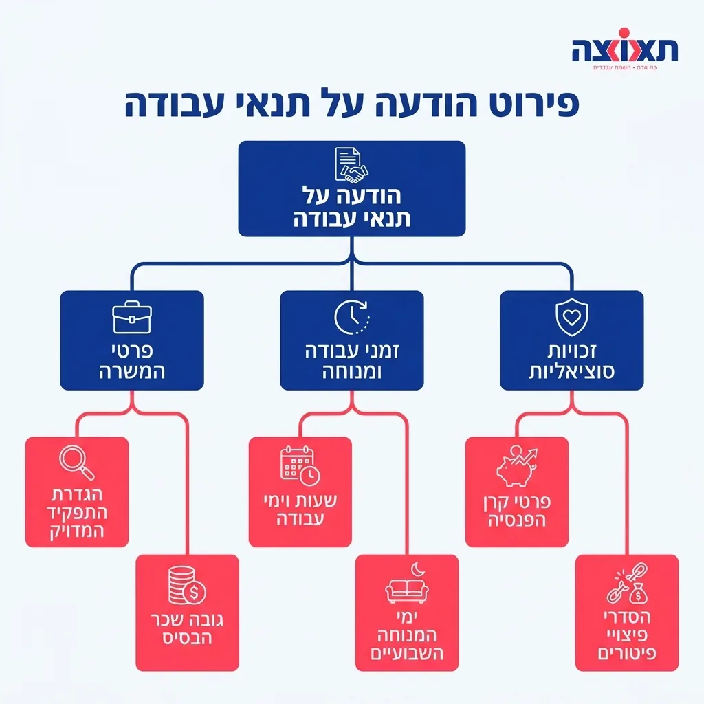 אינפוגרפיקה — פירוט הודעה על תנאי עבודה: הודעה על תנאי עבודה
