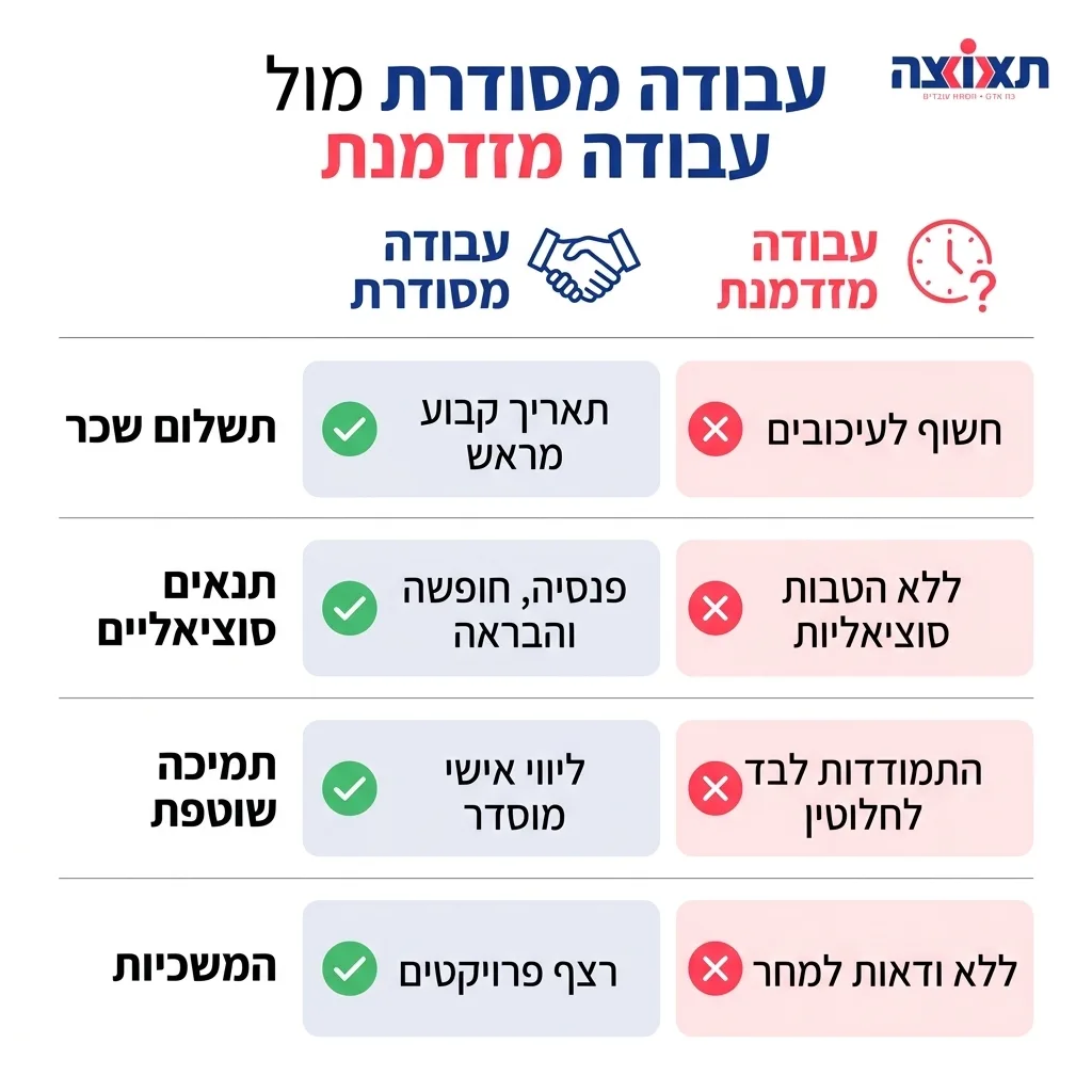 אינפוגרפיקה — עבודה מסודרת מול עבודה מזדמנת: השוואה בין עבודה מסודרת, עבודה מזדמנת
