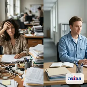 תמונת מפוצלת: צד אחד כאוס ובלבול, צד שני עובד רגוע ומסודר בחולצת עבודה.