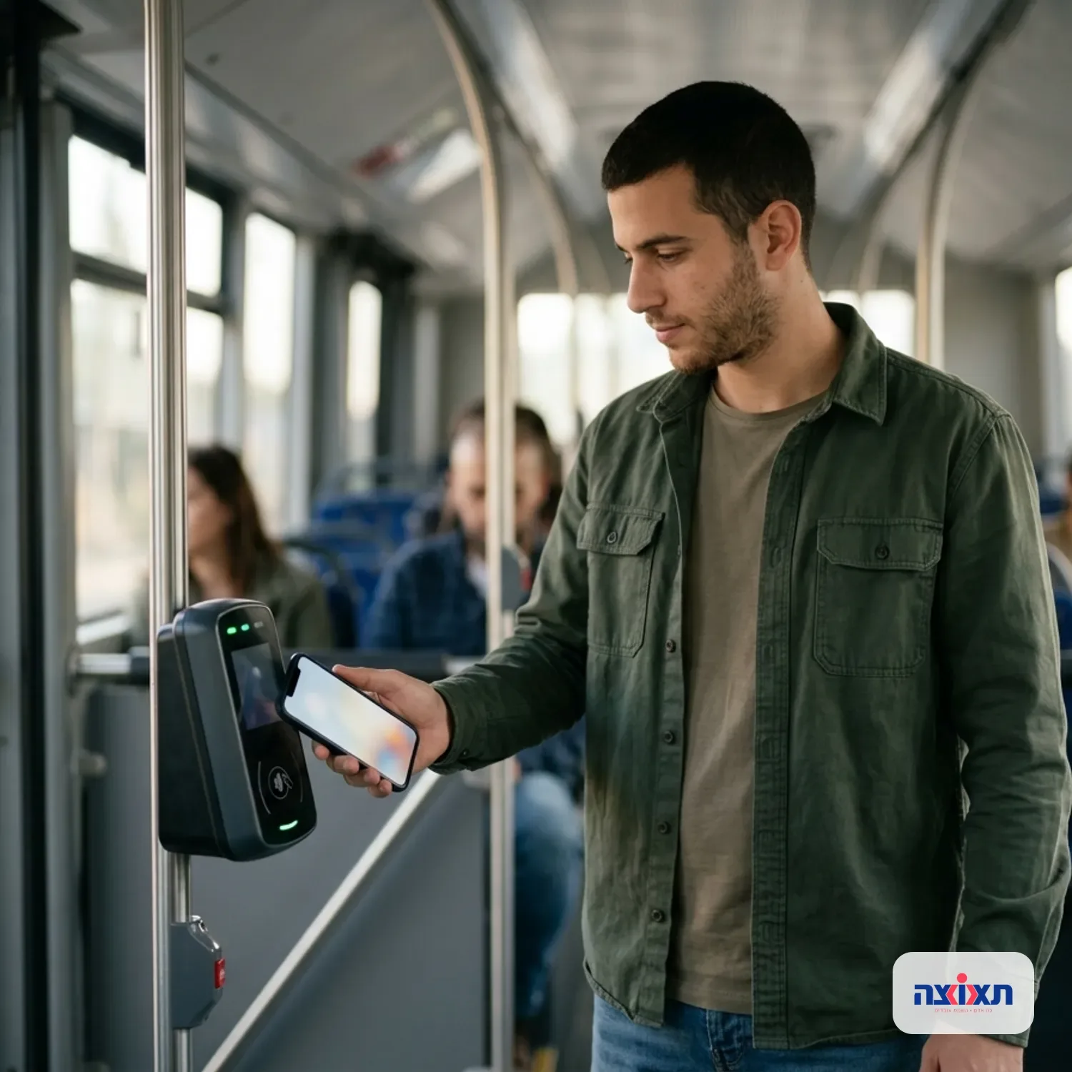 צילום פוטו-ריאליסטי של גבר צעיר משלם באפליקציה בטלפון הנייד בכניסה לאוטובוס, לבוש בחולצת עבודה, שעת בוקר מוארת