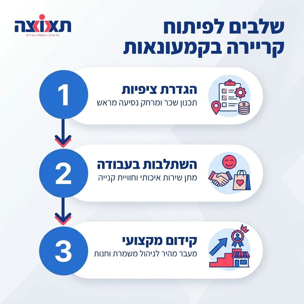 אינפוגרפיקה — שלבים לפיתוח קריירה בקמעונאות: הגדרת ציפיות, השתלבות בעבודה, קידום מקצועי
