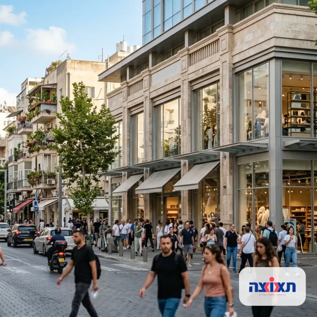 רחוב שוקק בתל אביב עם התמקדות בחזית של רשת קמעונאות גדולה.