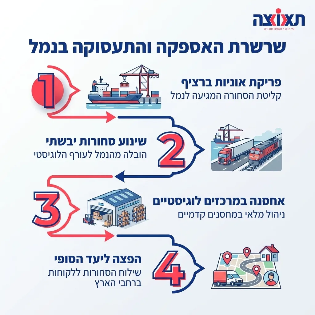 אינפוגרפיקה — שרשרת האספקה והתעסוקה בנמל: פריקת אוניות ברציף, שינוע סחורות יבשתי, אחסנה במרכזים לוגיסטיים, הפצה ליעד הסופי